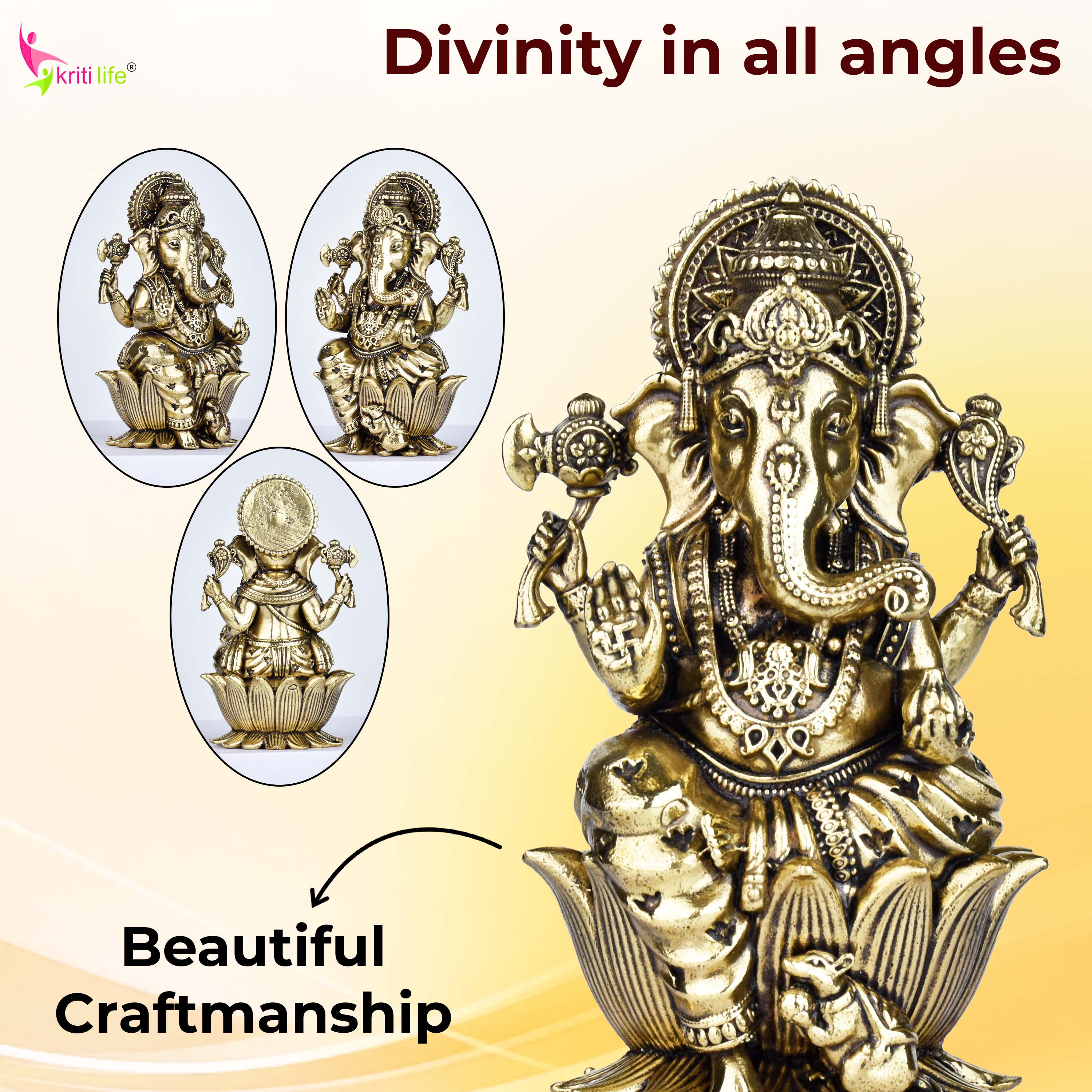 Brass Lord Ganesha Idol Sitting on Lotus – Antique Finish Decorative Statue 4 inches for Home & Office