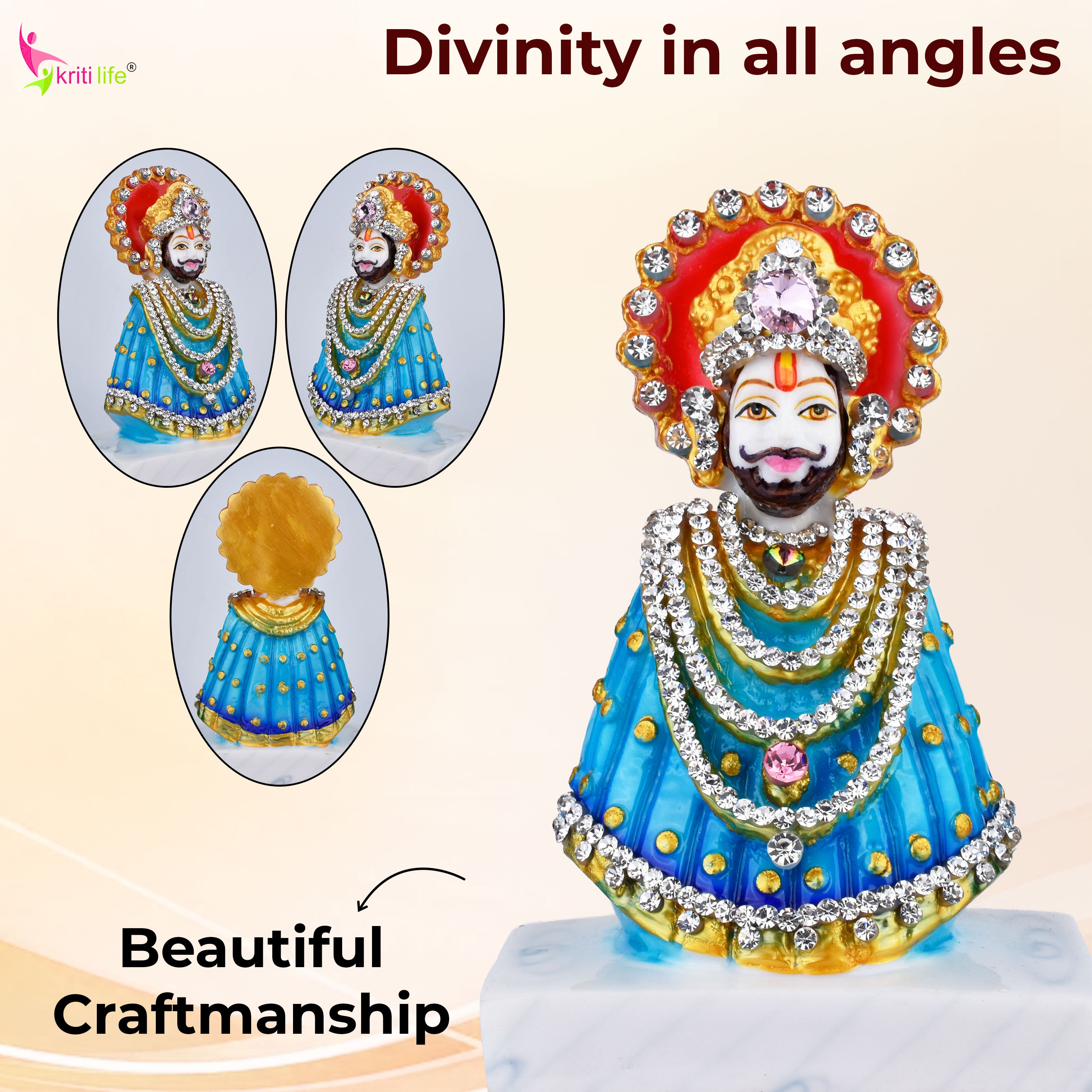 Baba Shyam Decorative Idol – 6 inches - Khatushyam Ji Polyresin Statue with Stones & Vibrant Finish