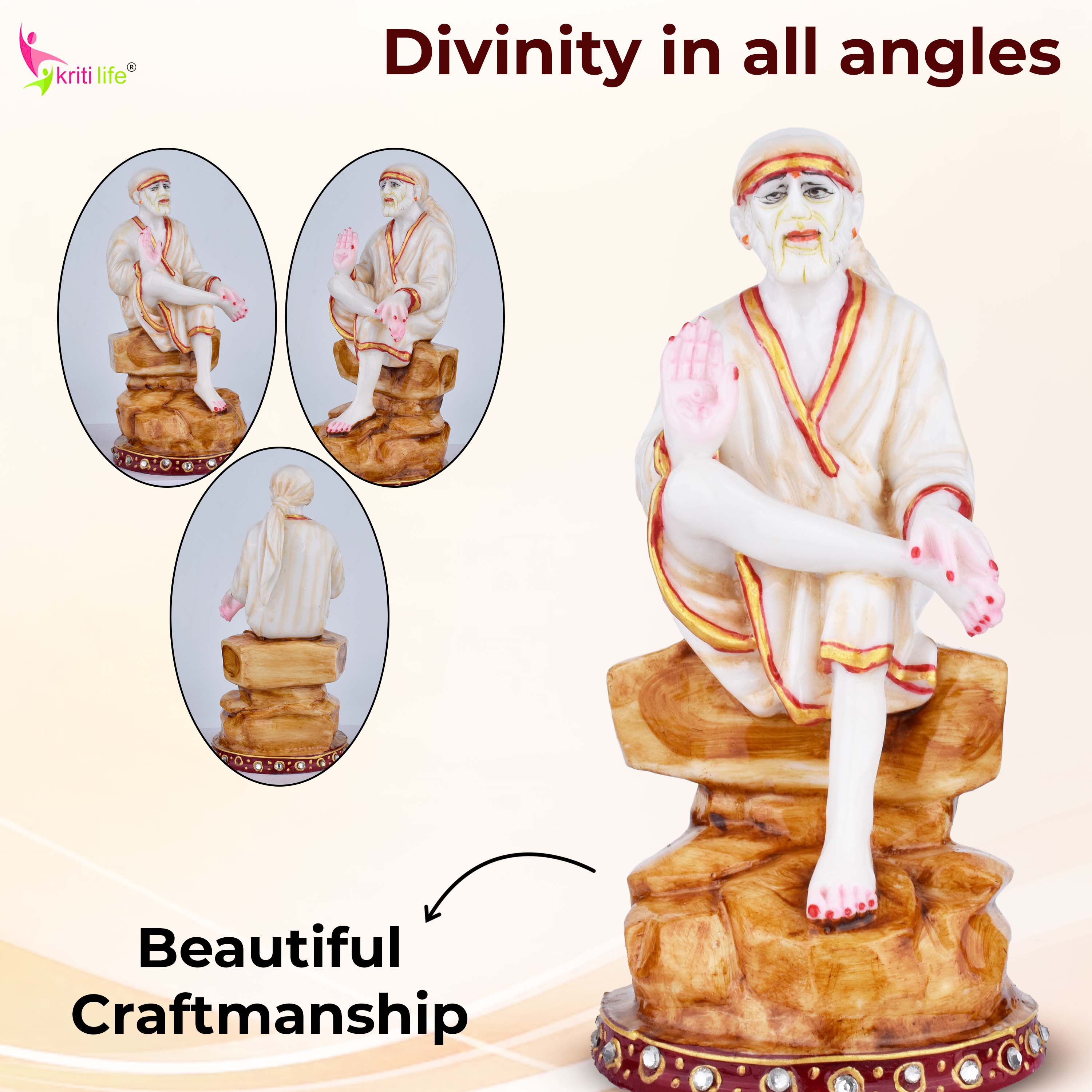 Blessing Sai Baba Idol in Marble Dust | 6 inches | – Sitting on Rock Design