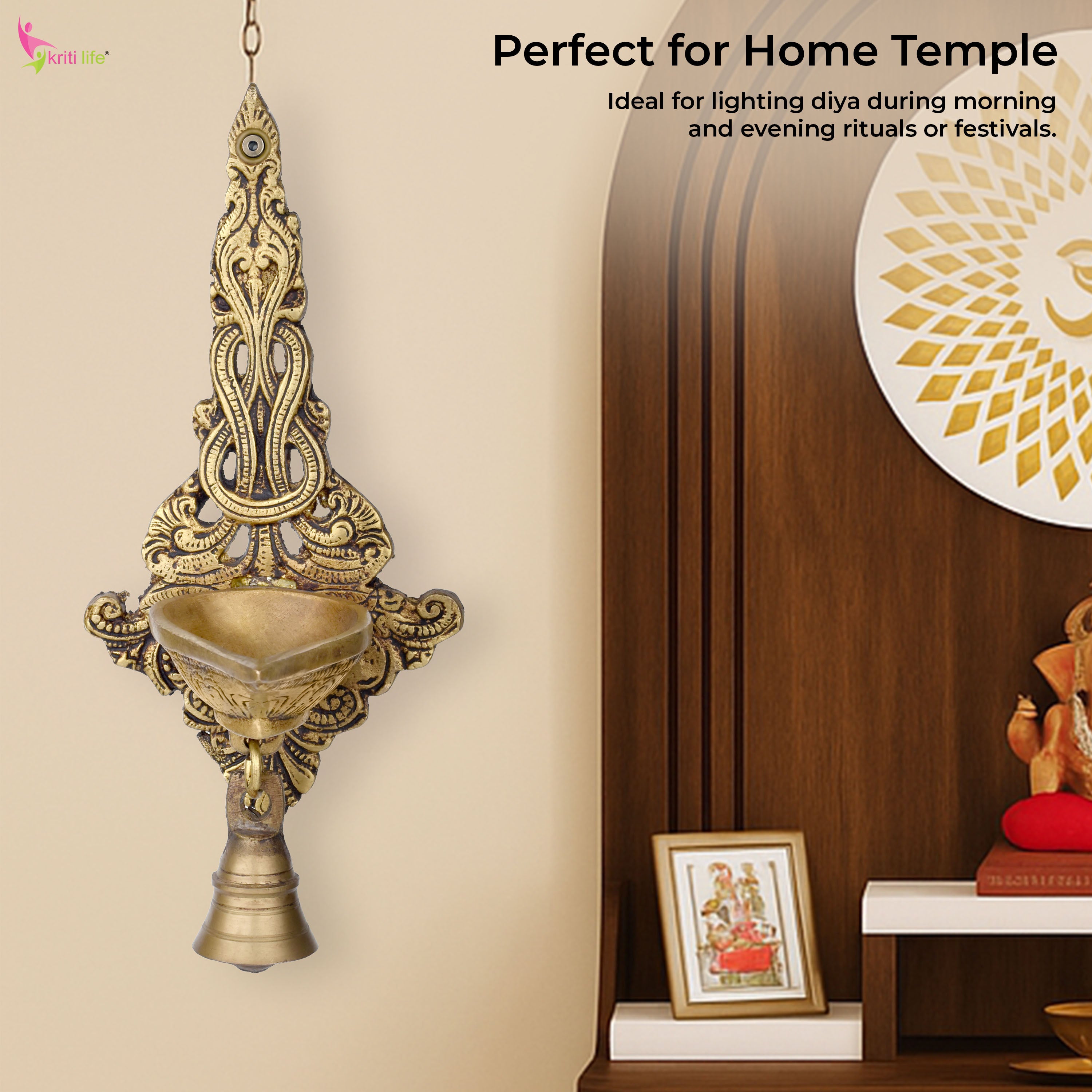 Brass Wall Mount Diya | Antique Hanging Oil Lamp for Pooja Room & Home Decor- 8.5 inches