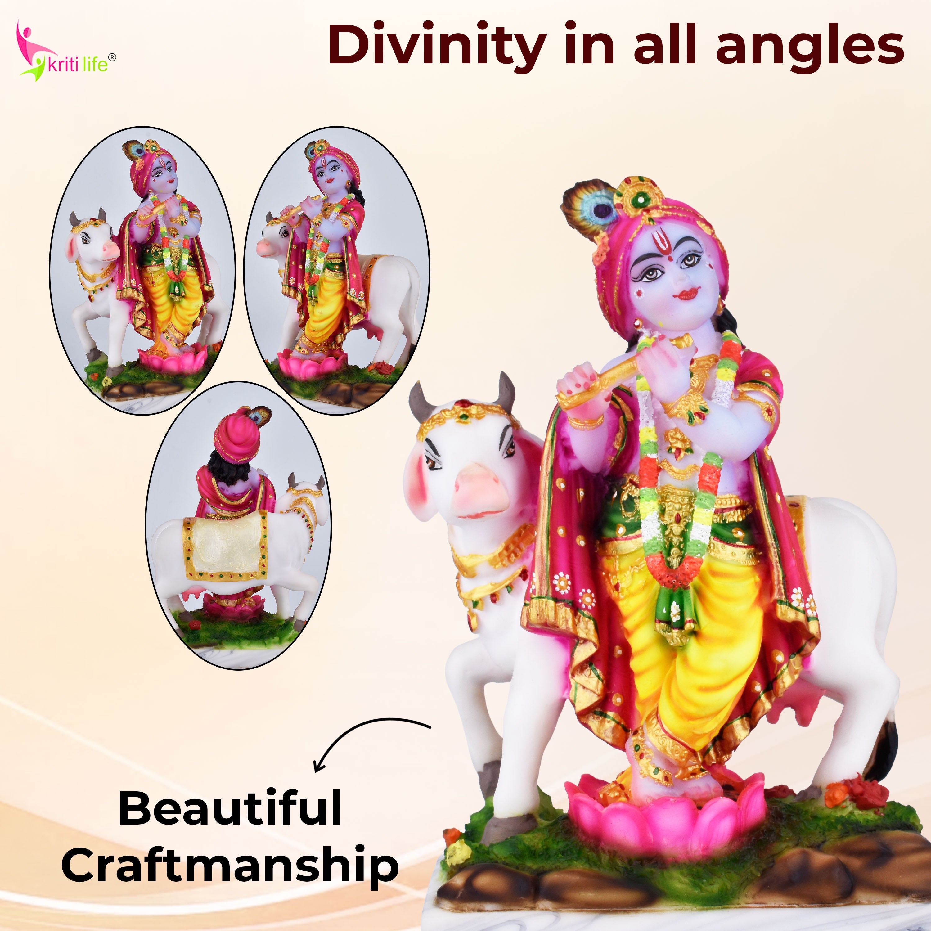 Lord Krishna with Cow Marble Dust Idol | 9.5 inches | – Handcrafted Murti for Home Mandir & Décor