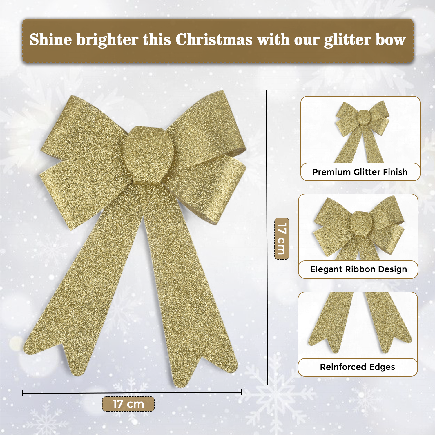 Golden Glitter Christmas Bow 17 Cm