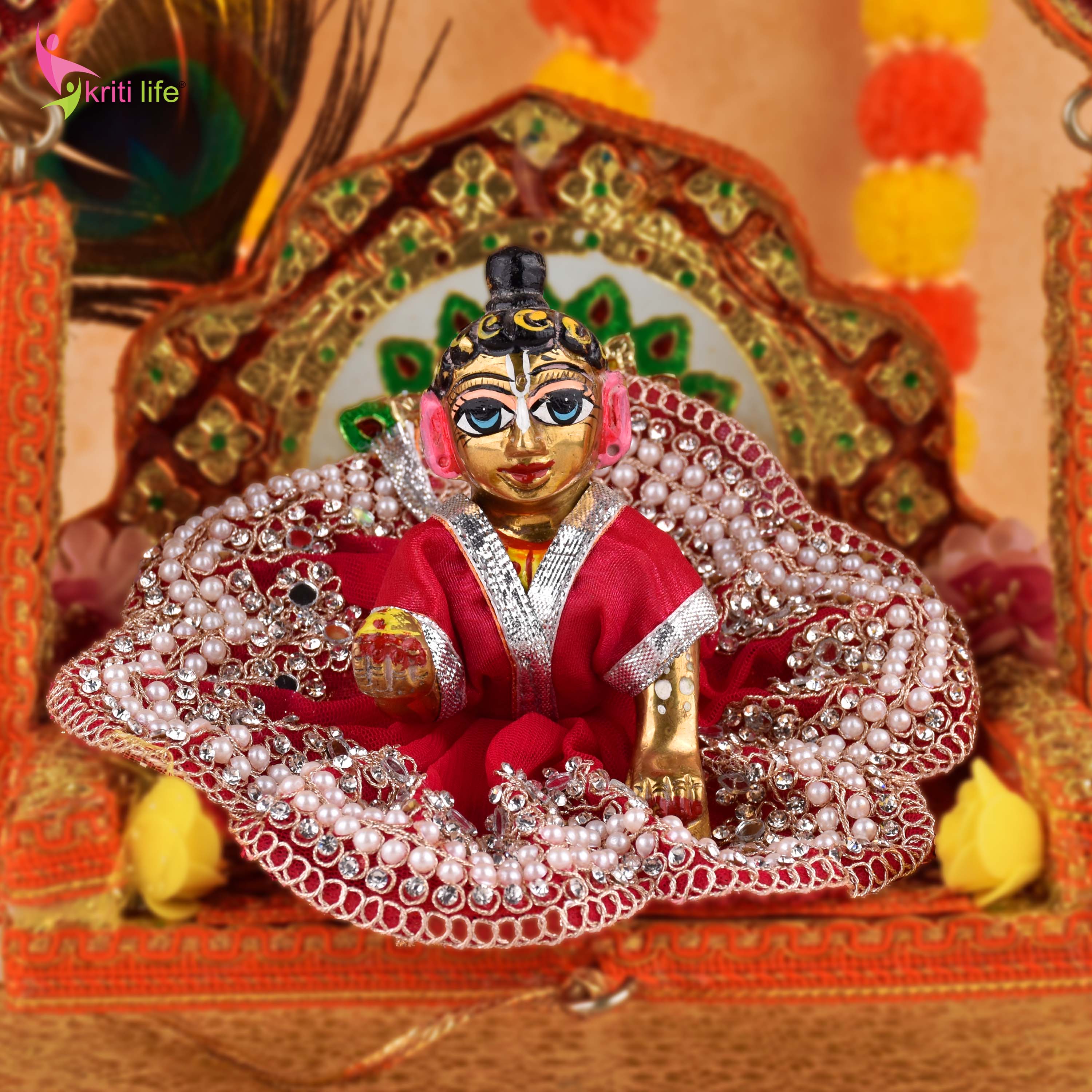 Royal Red Laddu Gopal Dress for 4 Inch Idol – Pearl & Stone Work Designer Poshak