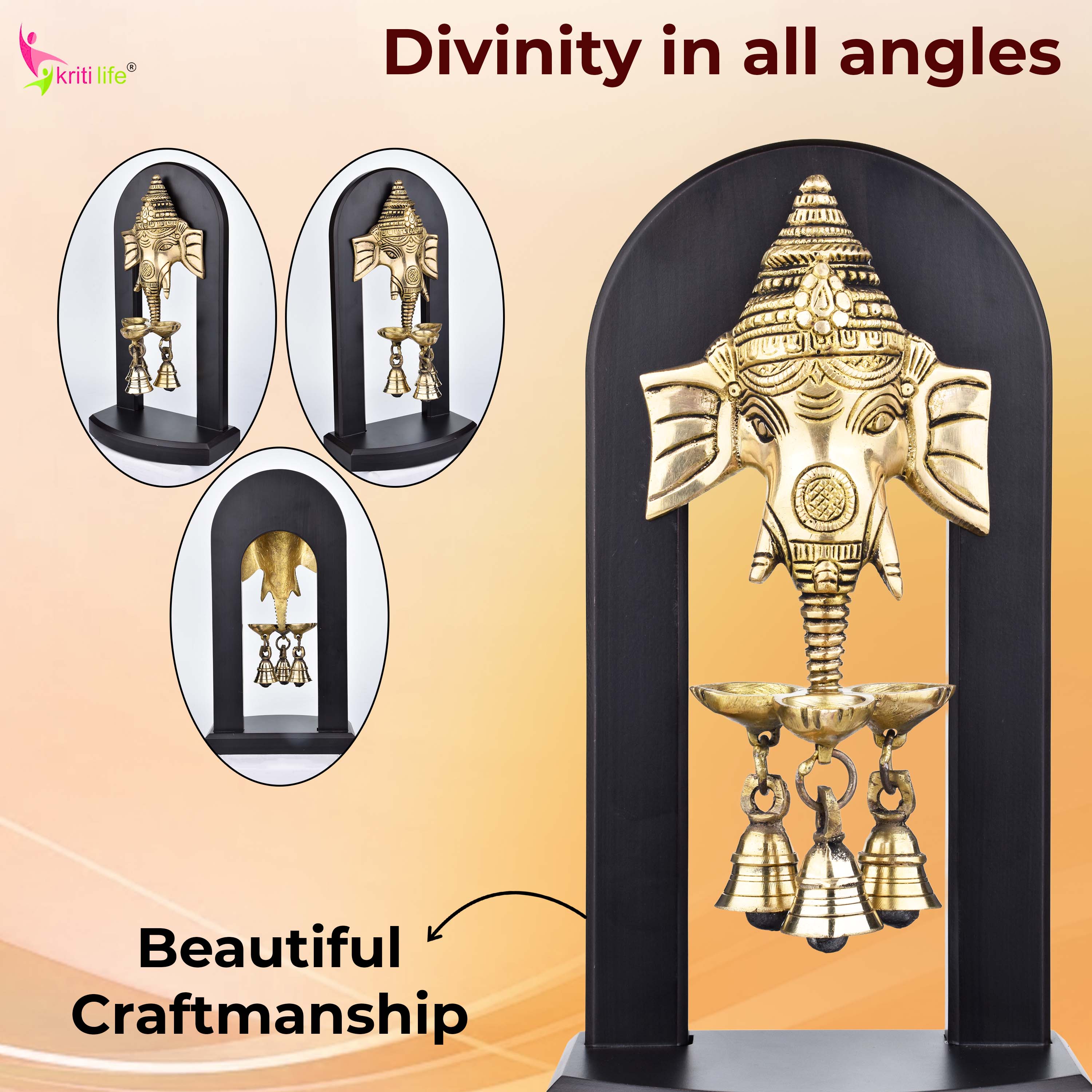 Brass Ganesha Wall Hanging Bell with Wooden Frame -11 inches – Decorative and Auspicious Door/Wall Accent