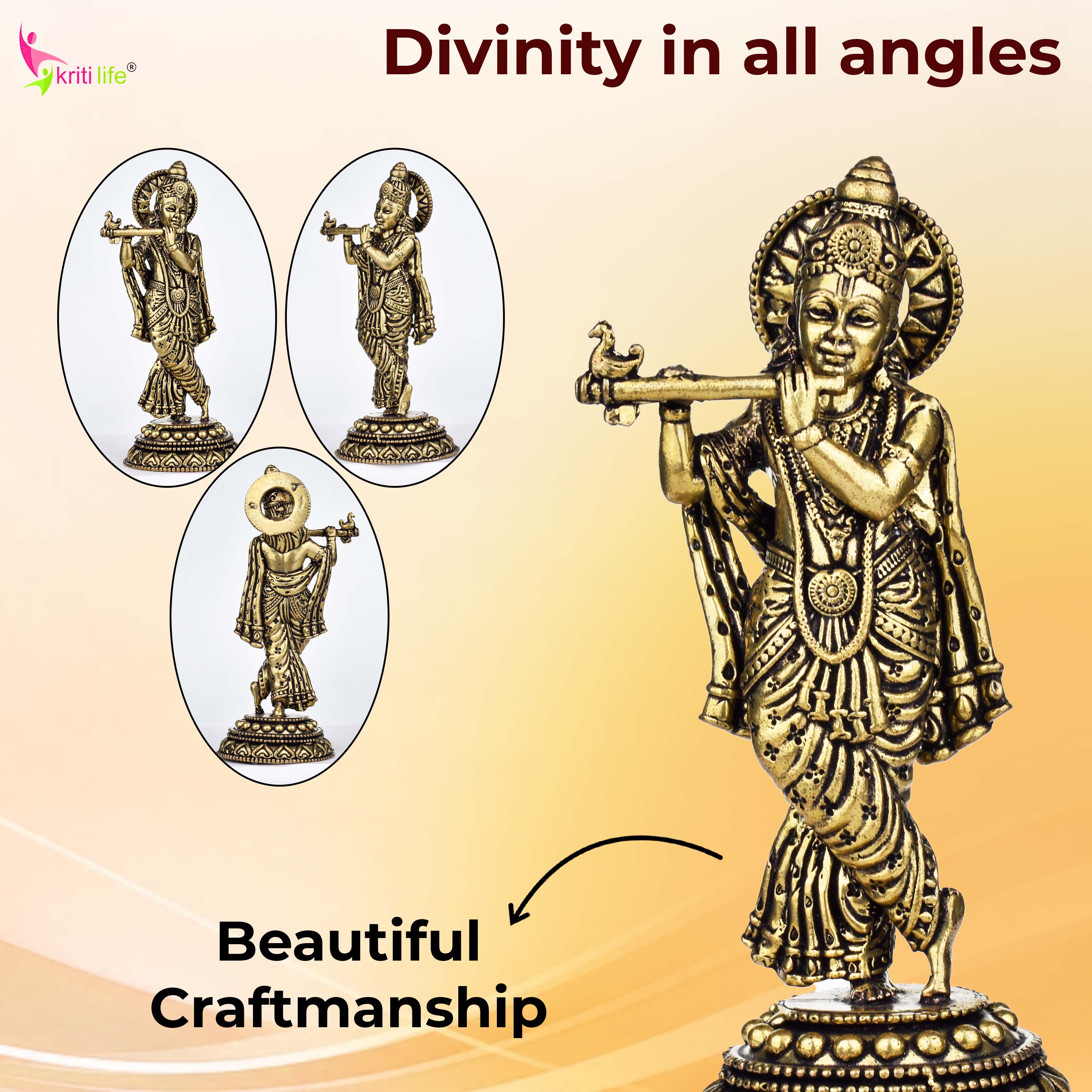 Handcrafted Brass Krishna Idol Playing Flute | 4.5 inches | Lord Krishna Statue for Home &amp; Temple