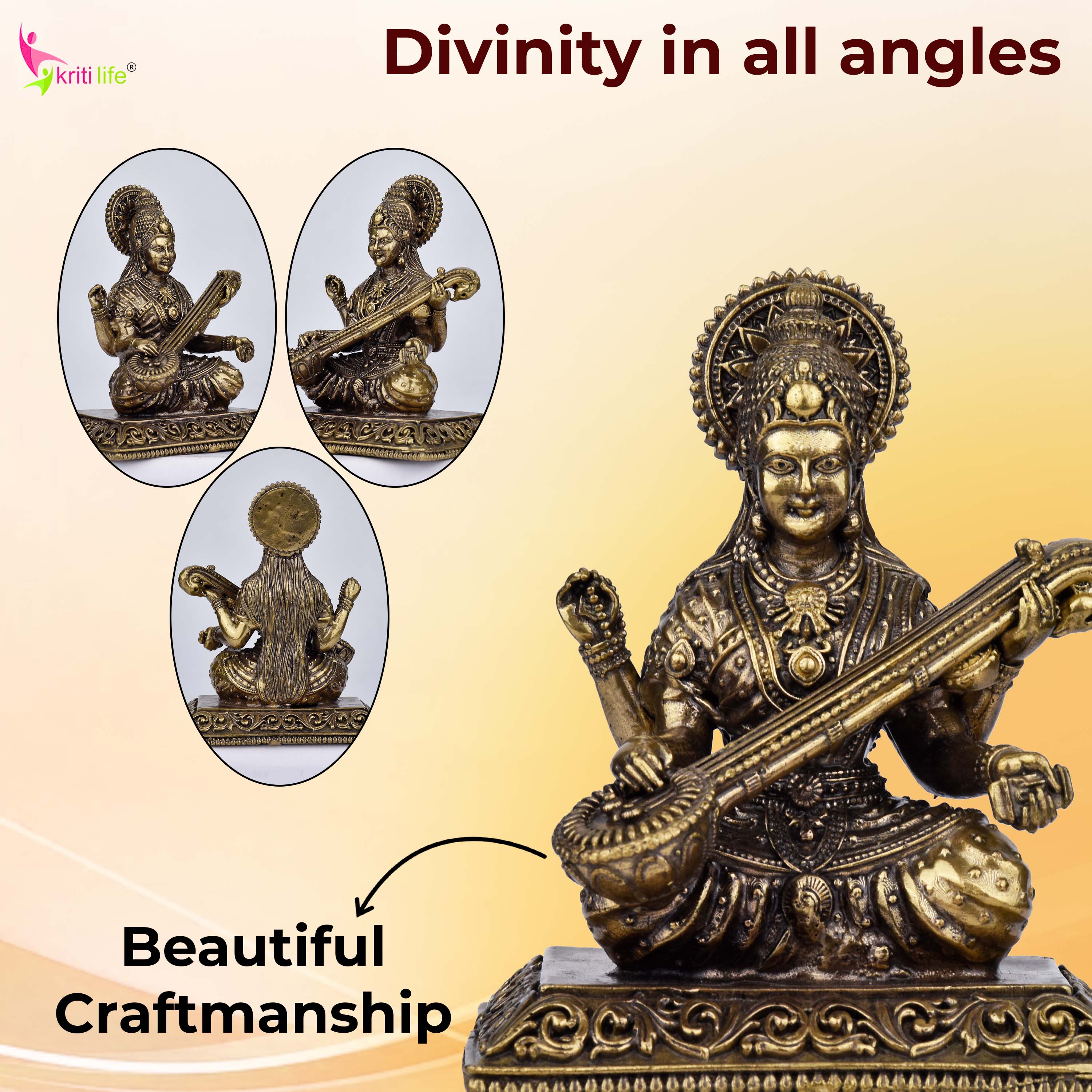 Brass Goddess Saraswati Idol | 3 inches | Handcrafted for Home Temple & Decor