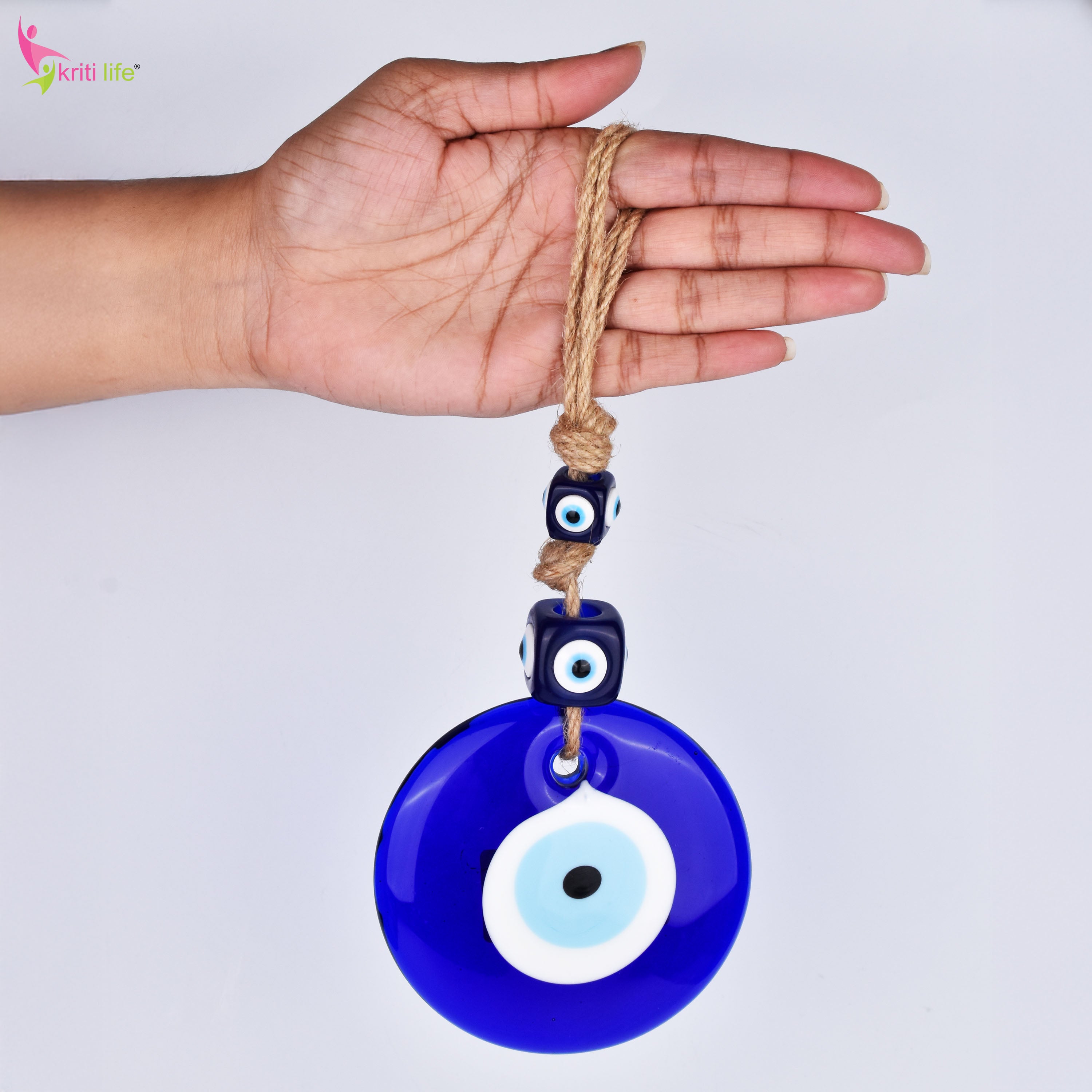 Hanging Evil Eye Protection Charm with Blue Glass Beads & Jute Rope – 26 cm Hight