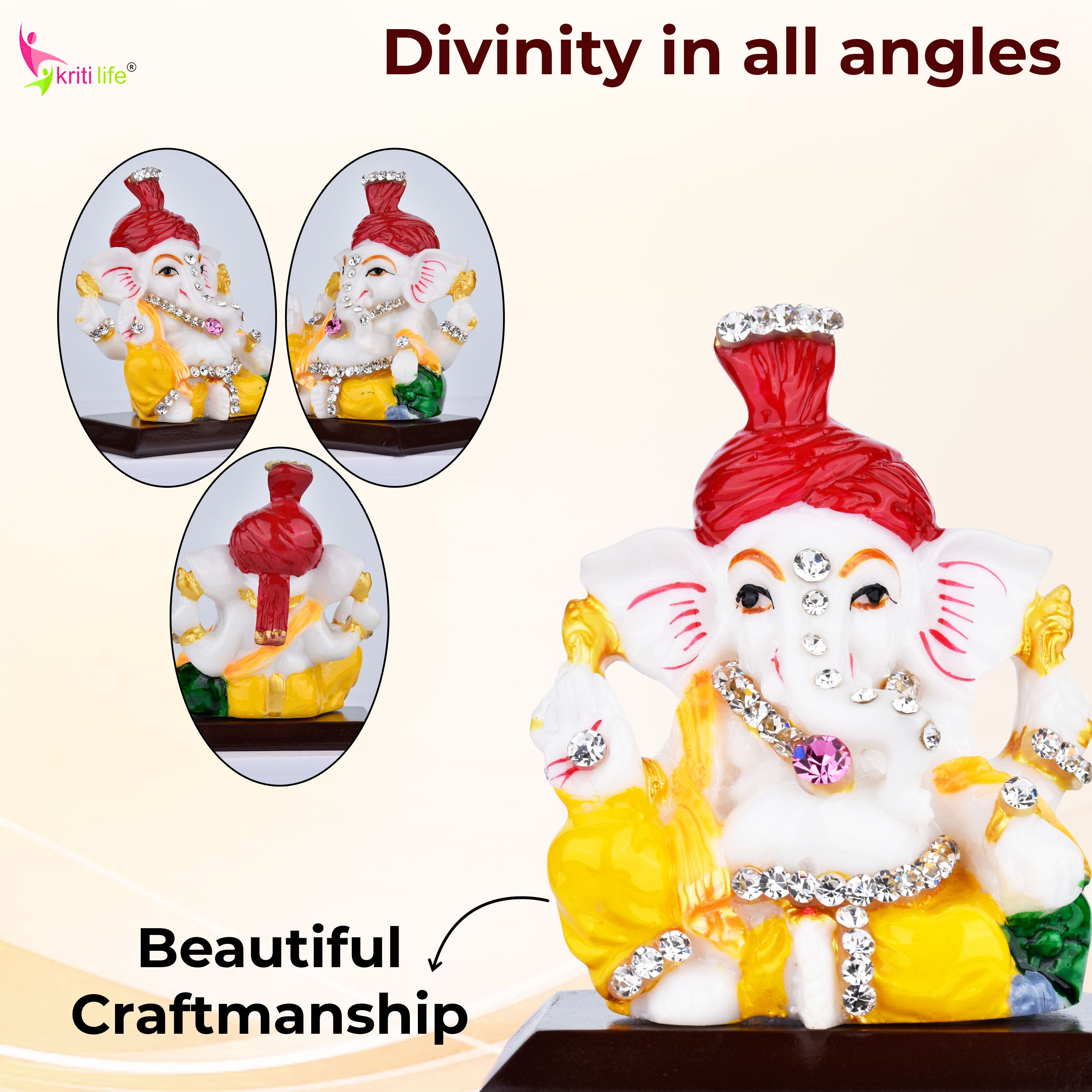 Decorative Lord Ganesha Idol with Diamond Embellishments – Polyresin Statue for Car Dashboard, Home, Office & Gift | 3 inches