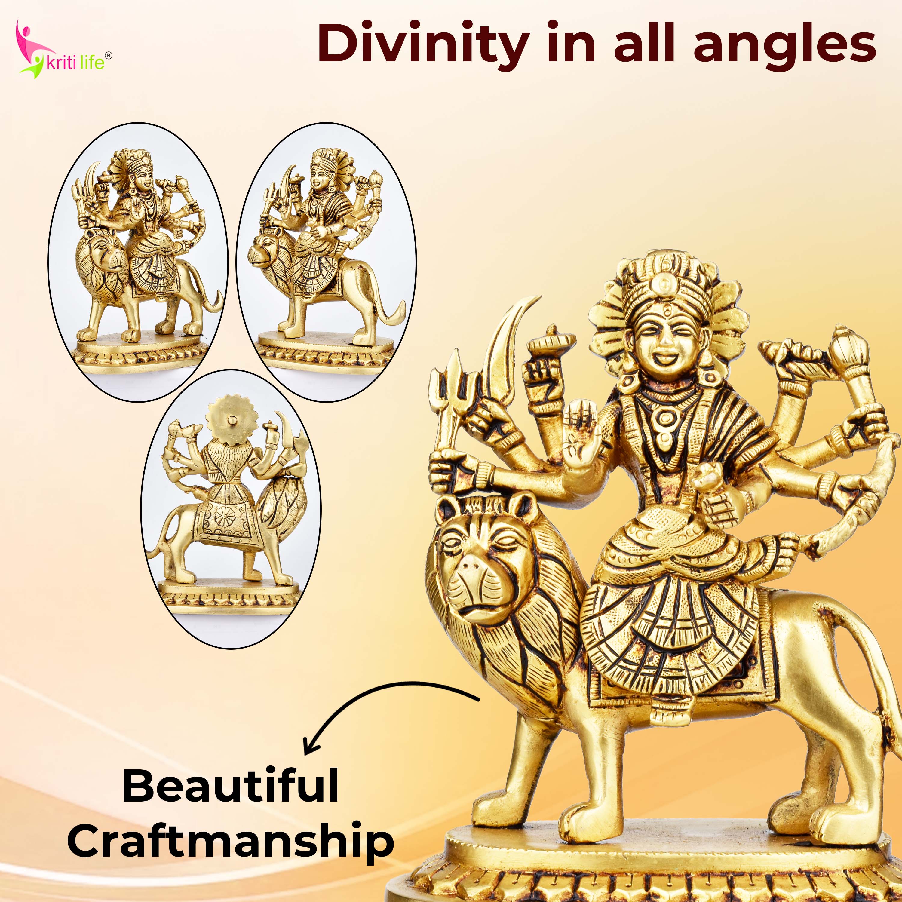 Brass Durga Maa Idol on Lion | 5.5 inches | 8-Handed Hindu Goddess Figurine for Navratri, Diwali & Gift