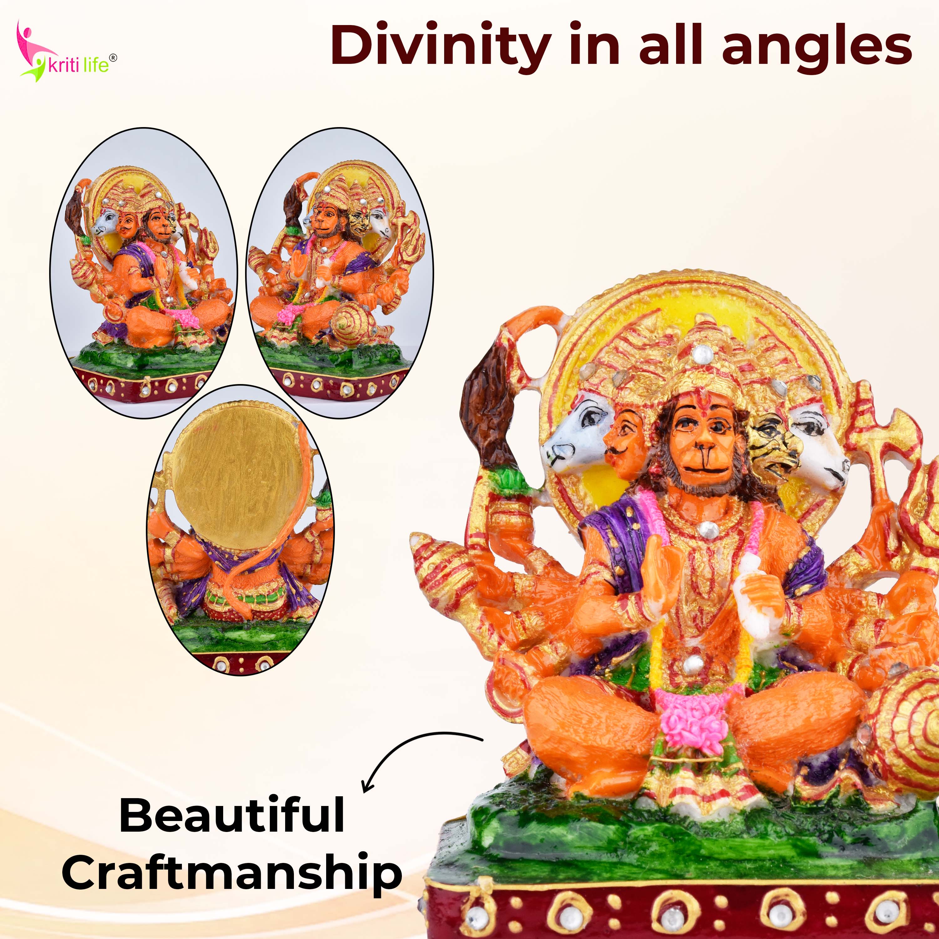 Panchamukhi Hanuman Idol | 3.5 inches | Multicolor Marble Dust Statue for Home & Temple