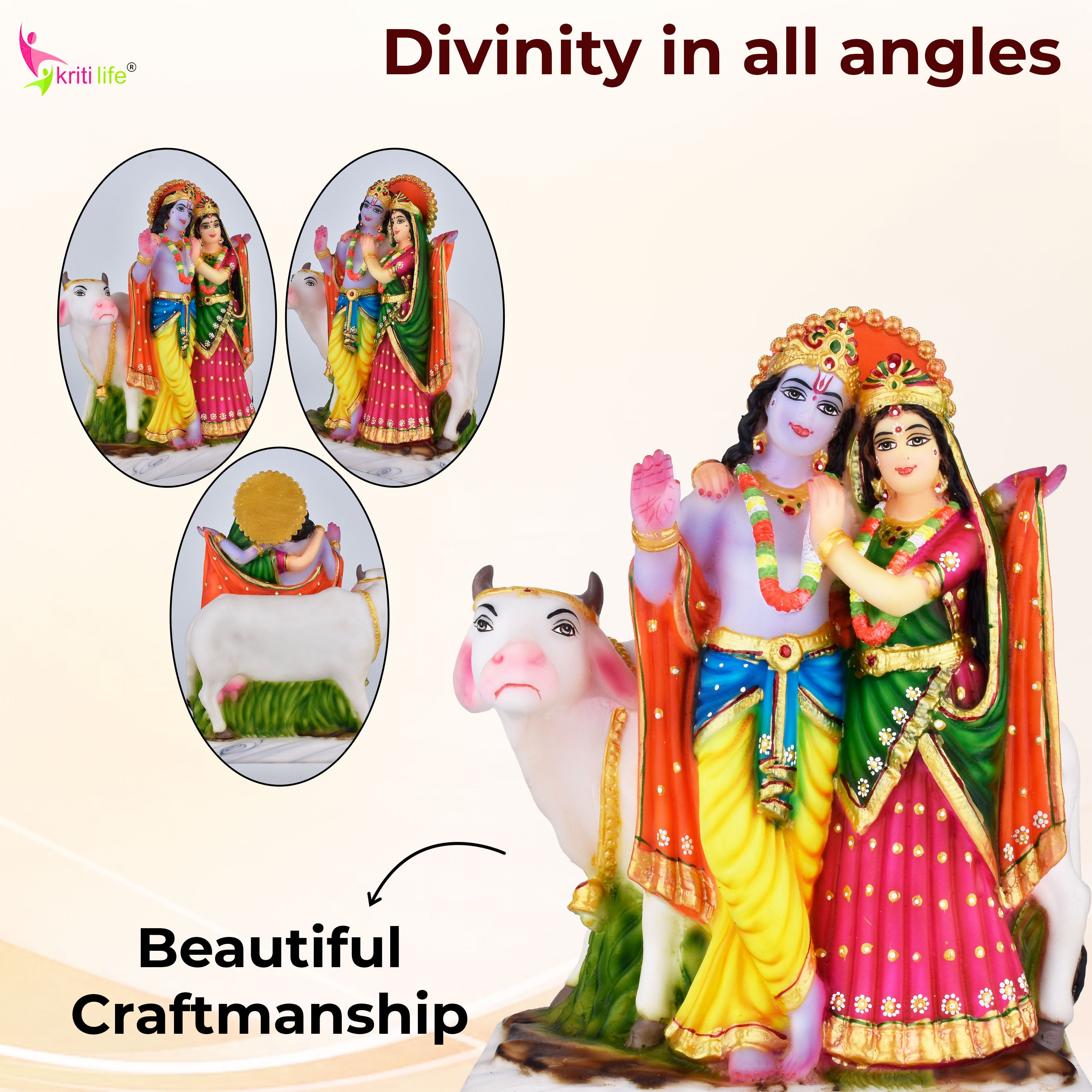 Radha Krishna with Cow Polyresin Idol | 10.5 inches | – Handcrafted Decorative Statue for Home Mandir & Gifting