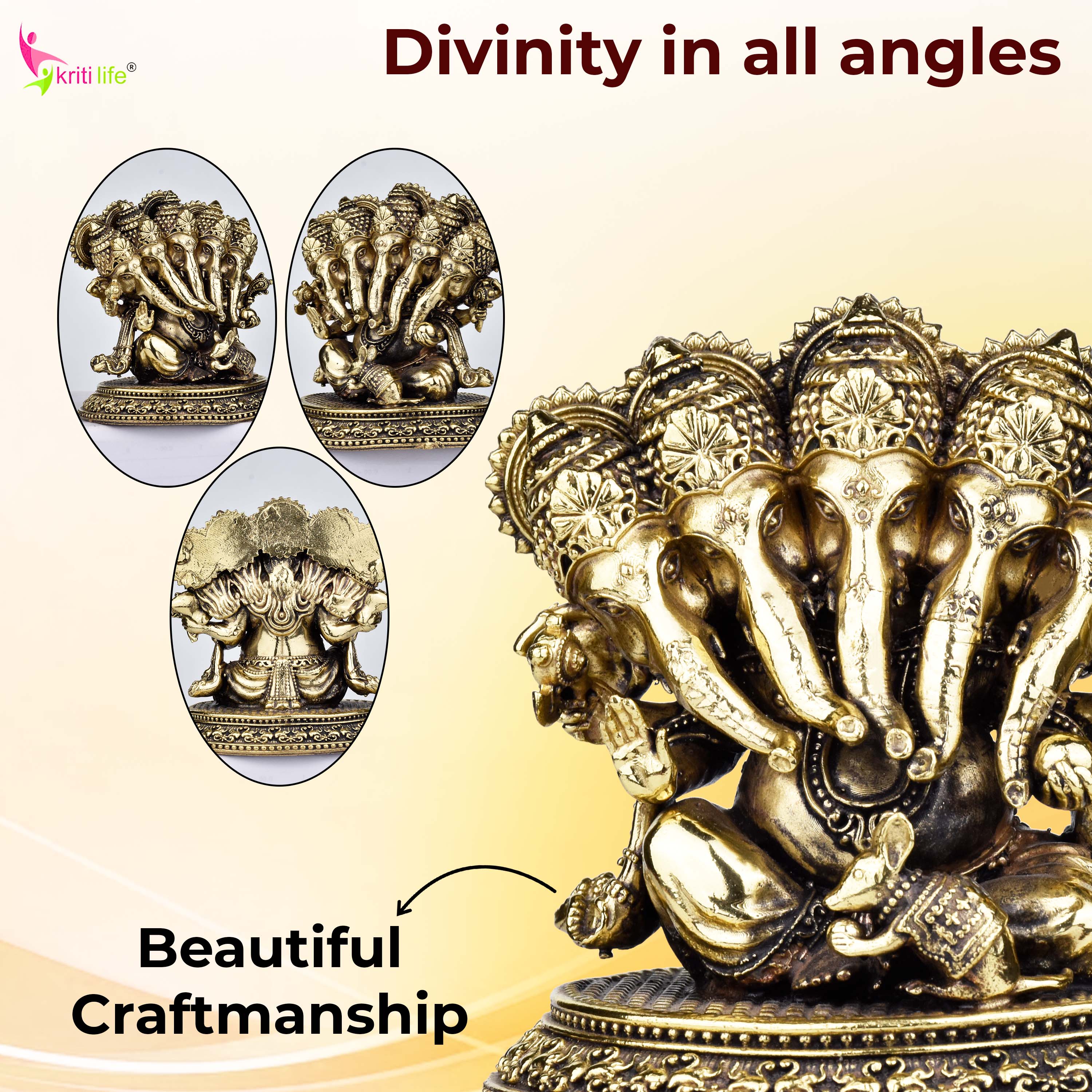 Brass Panchmukhi Ganesha Idol – Panchmukhi Ganpati Murti 3 inches for Home, Office & Pooja