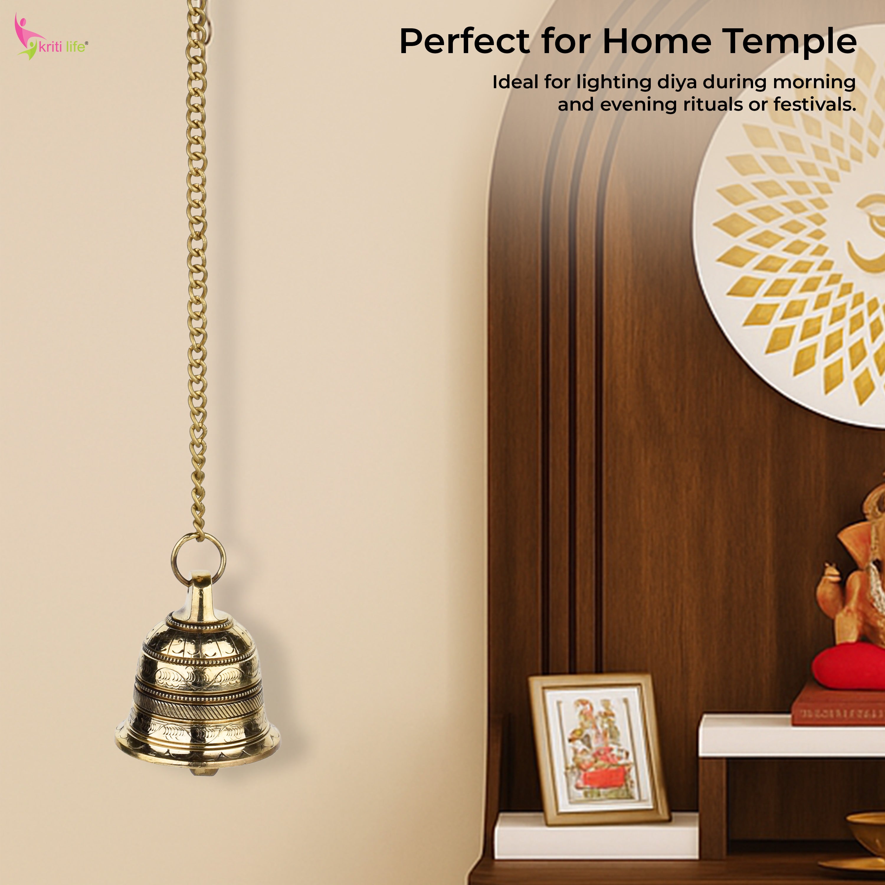 Brass Hanging Temple Bell with Chain | Wall Mount Ghanti for Pooja Room | 43 cm Hight