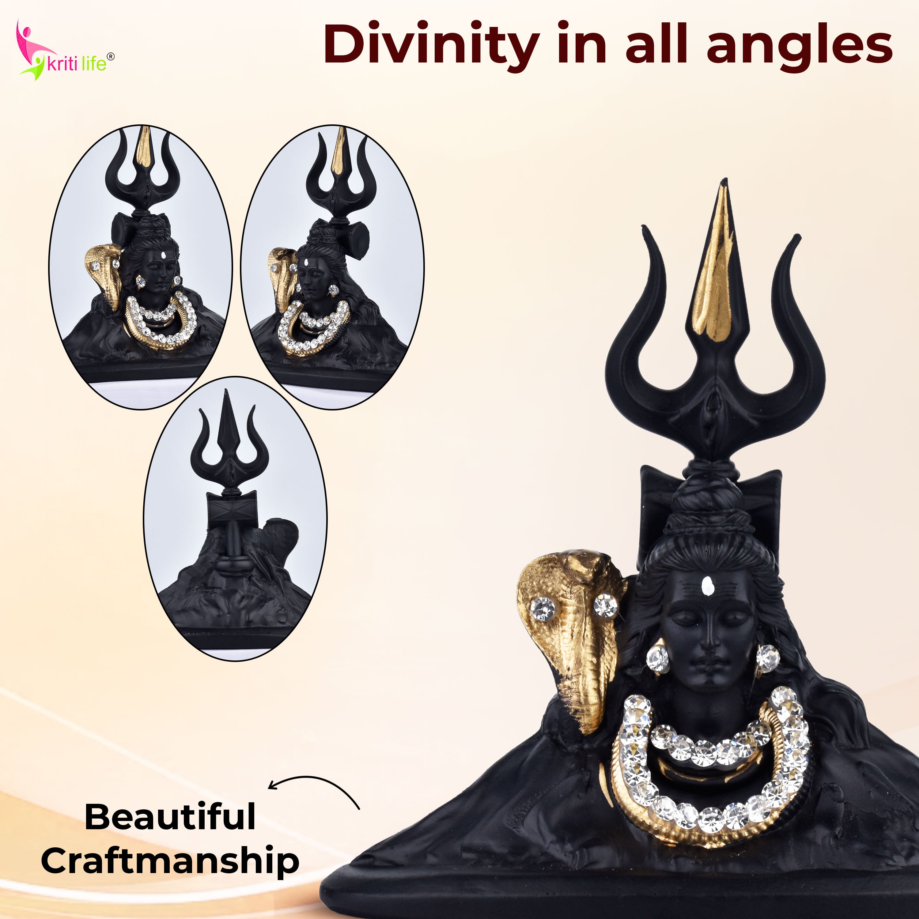 Lord Shiva Idol – Polyresin Shiv Ji Black Murti 4 inches with Trishul & Snake Design