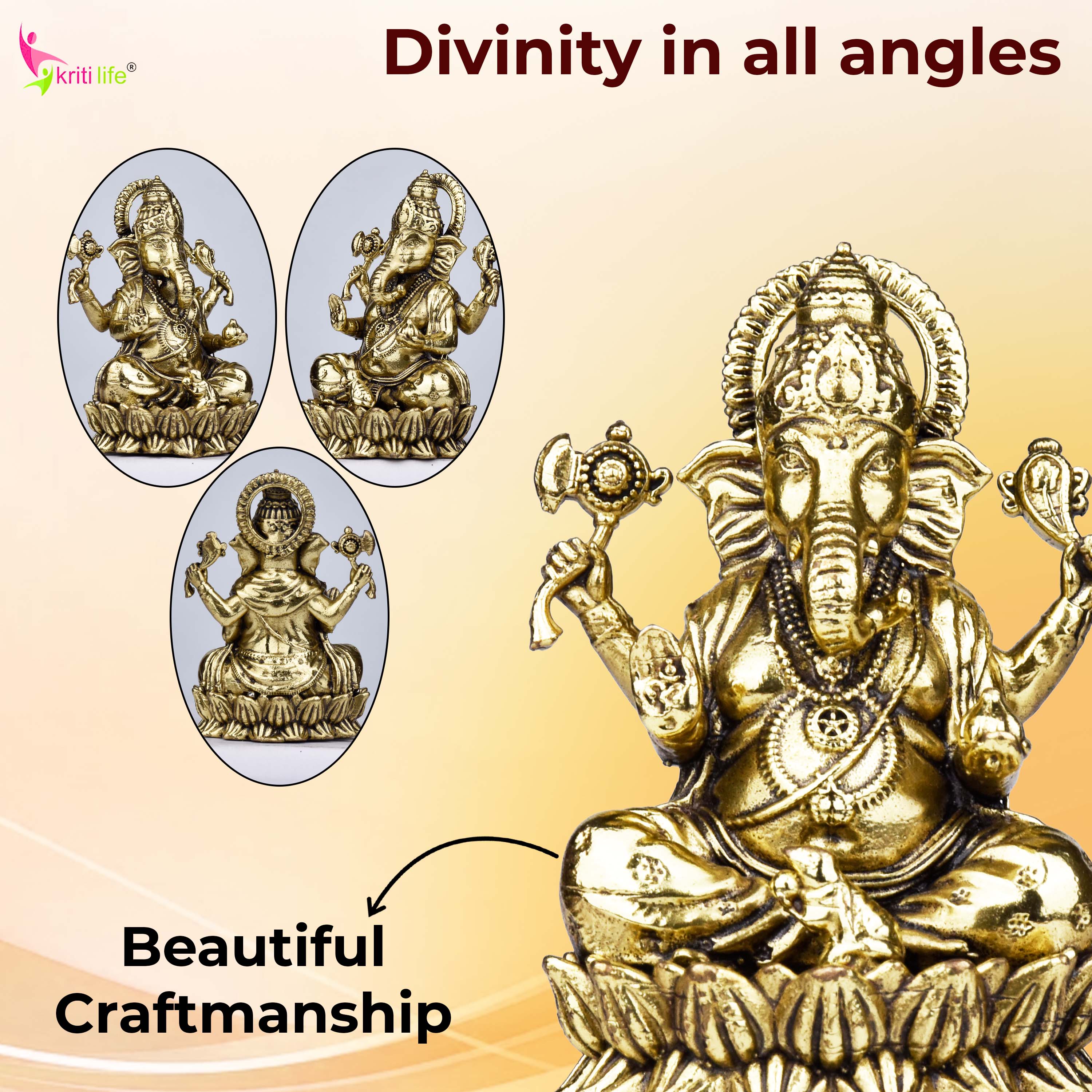 Brass Lord Ganesha Idol – Handcrafted Antique Finish Ganpati Statue for Home & Temple |Small size | 2 inches