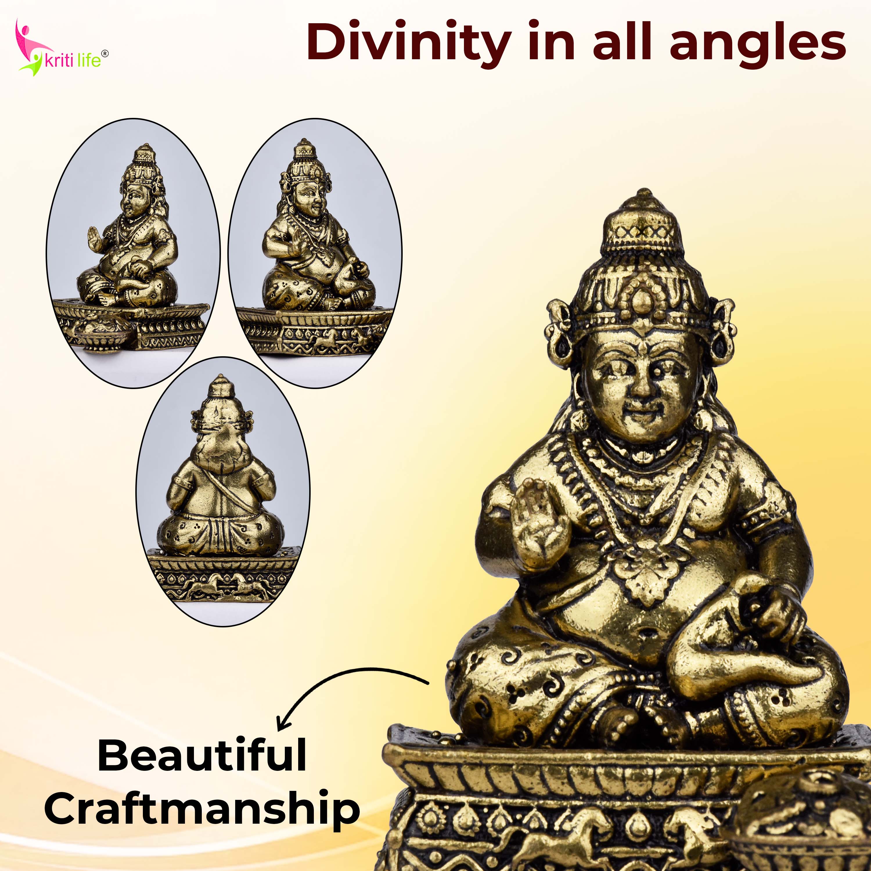 Brass Lord Kuber Idol – Hindu God of Wealth & Prosperity Statue for Home Decor & Pooja | 2.5 inches (Small Size) |