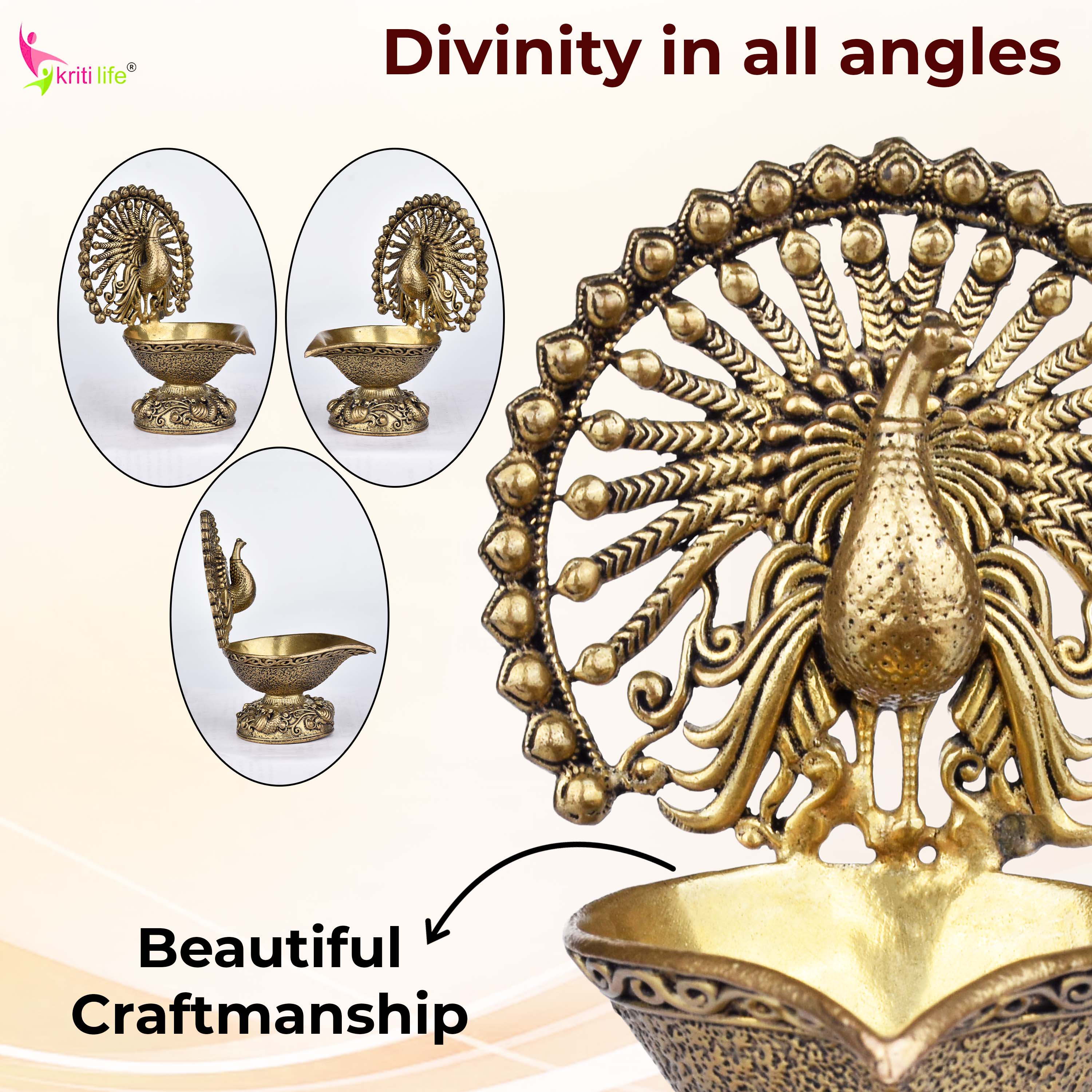 Brass Peacock Design Diya – Traditional Oil Lamp 4 inches for Pooja, Home & Festive Décor