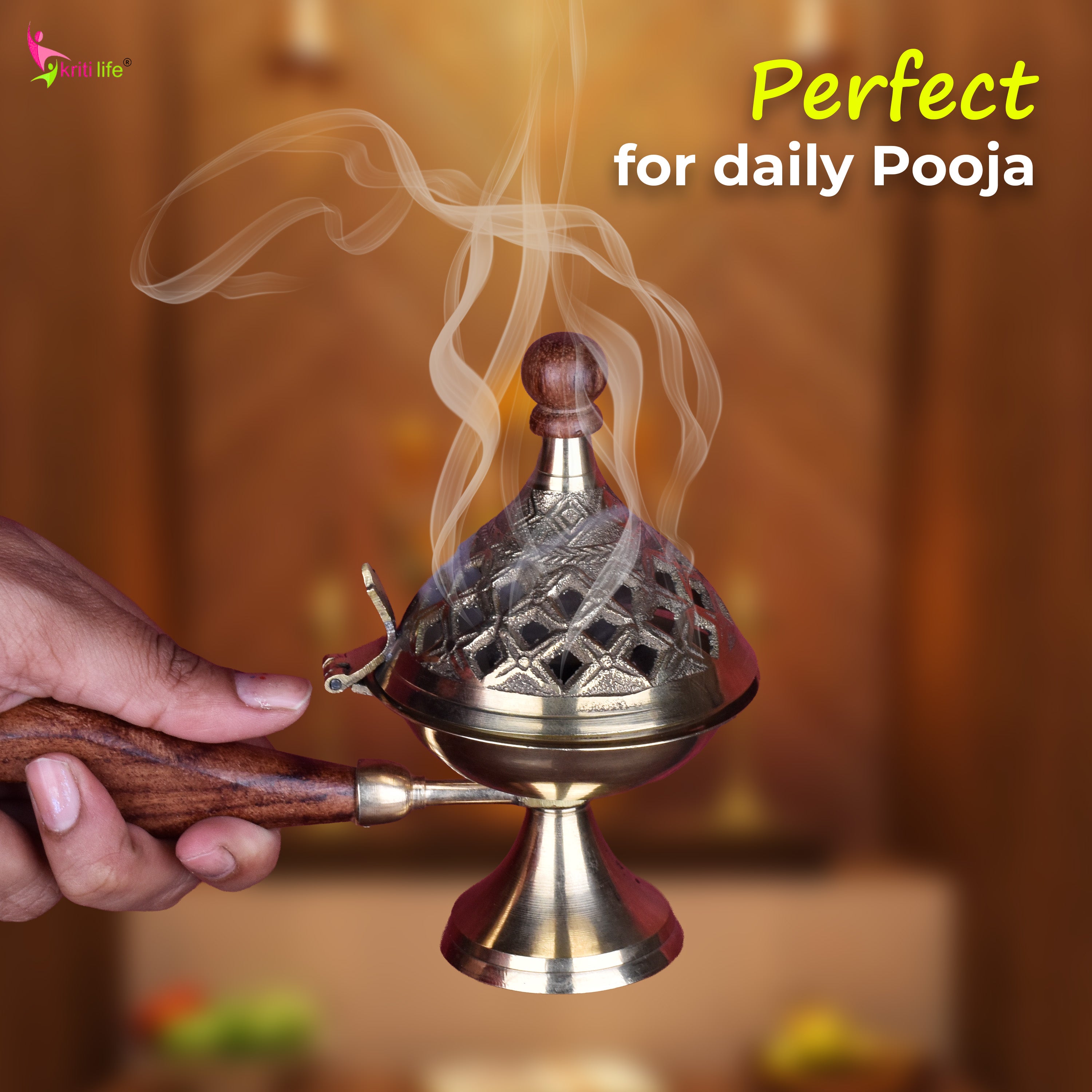 Brass Dhupiya with Wooden Handle | Traditional Jaali Dhoop Burner- 4.5 inches for Pooja