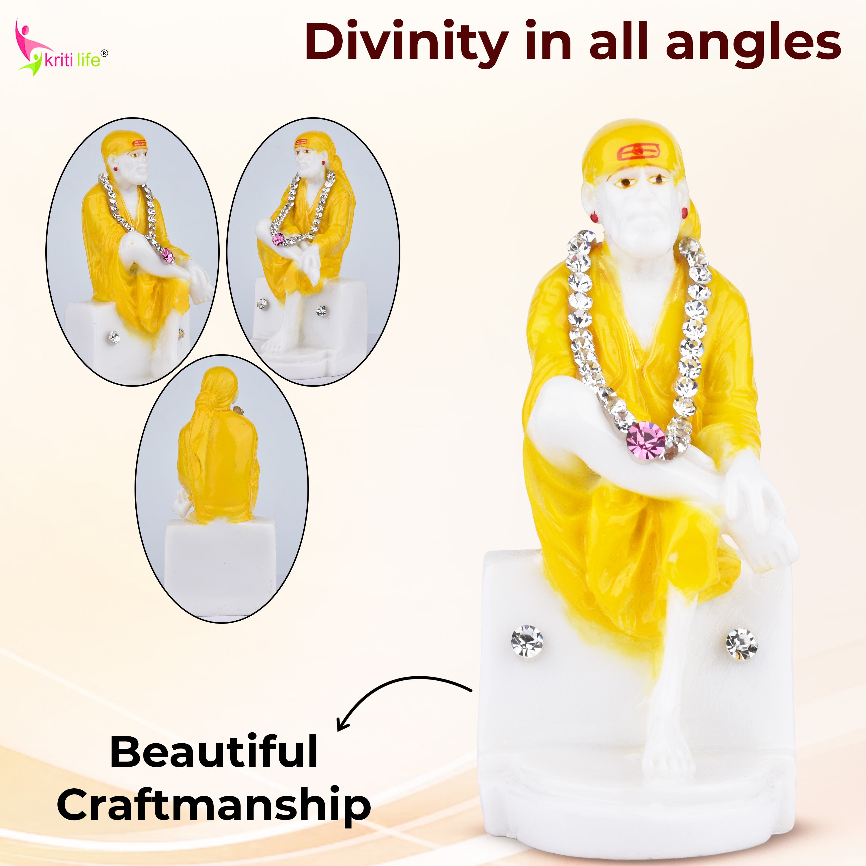 Shirdi Sai Baba Idol – 4 inches - Yellow Robe Polyresin Statue with Decorative Stone Garland
