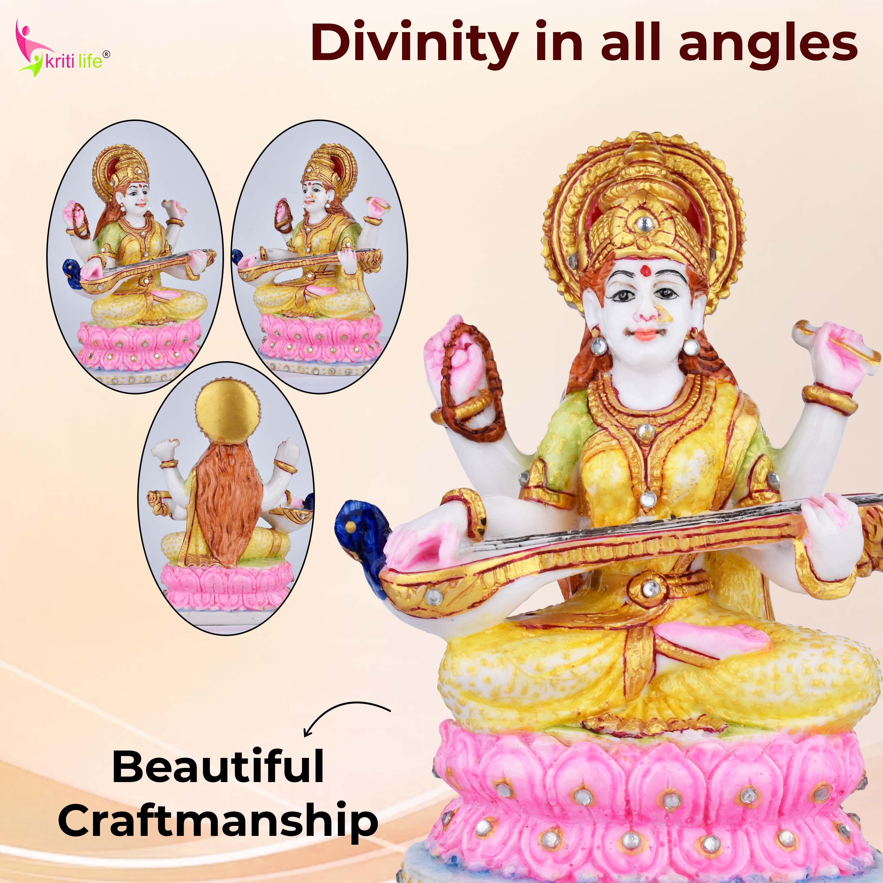 Goddess Saraswati Idol | 5 inches | – Handcrafted Marble Dust Elegant Decorative Statue for Home & Study Room