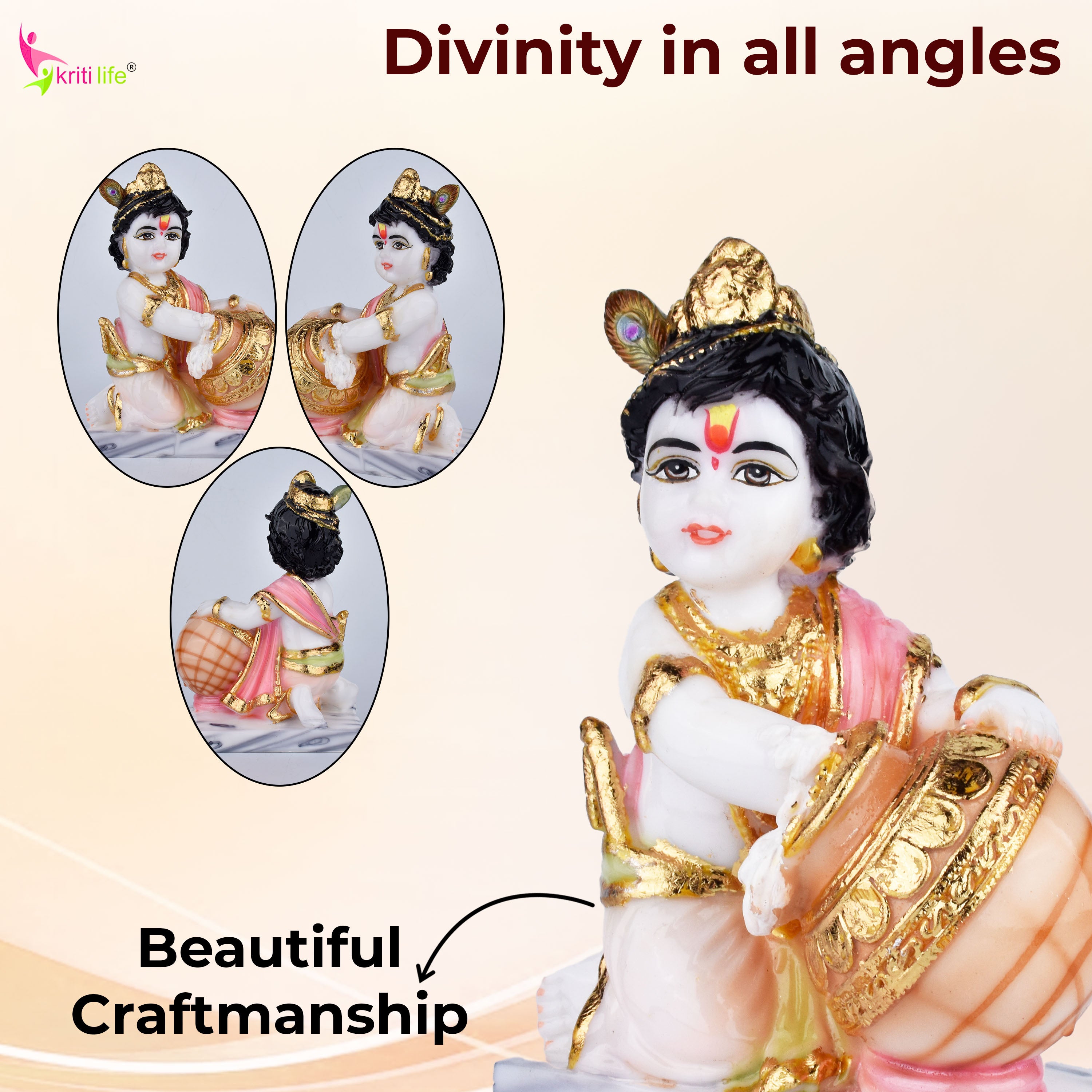 Makhan Chor Krishna Idol 7 inches – Polyresin Decorative Statue for Home Temple & Gifting