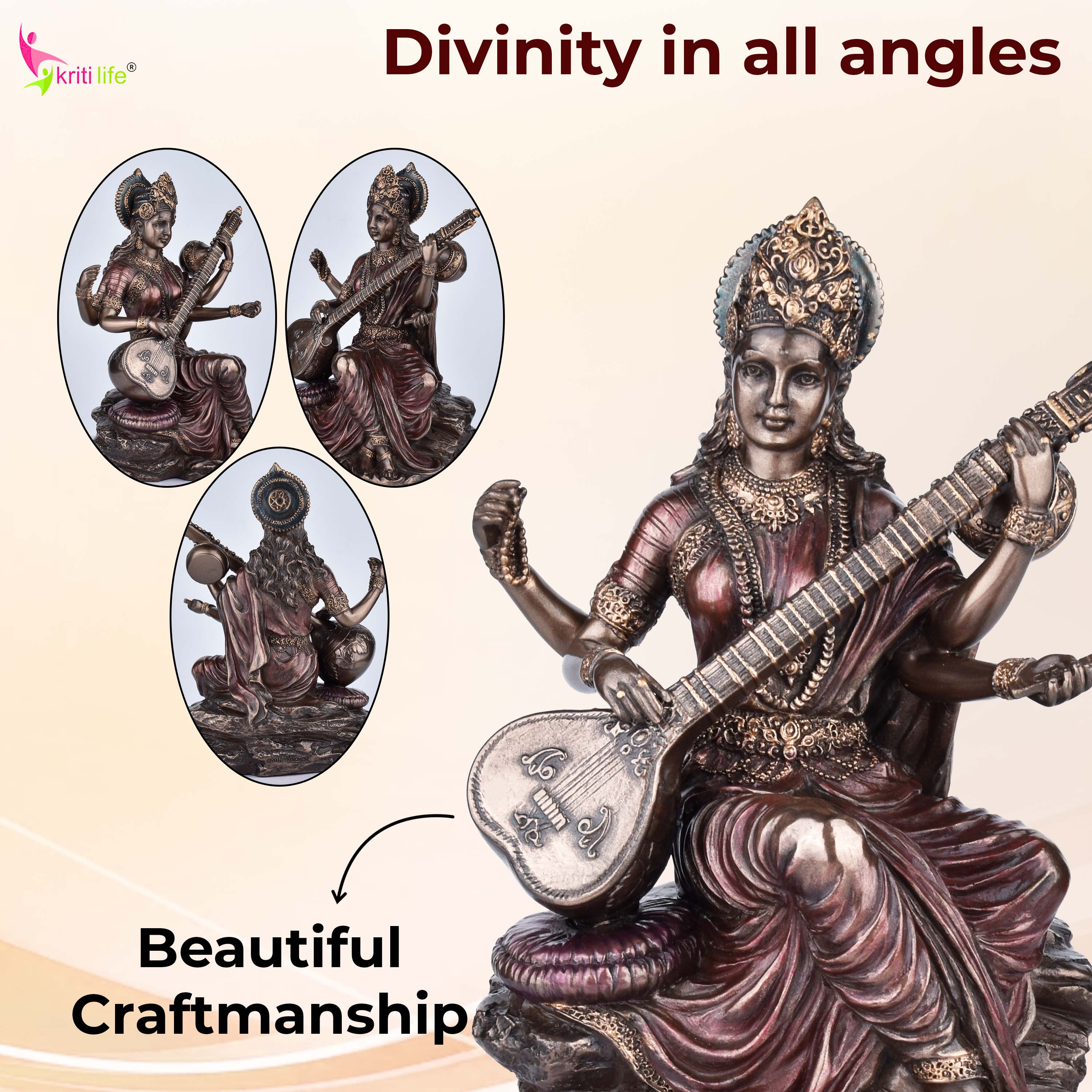 Elegant Saraswati Idol in Polyresin | 6  inches | – Handcrafted Goddess of Knowledge Figurine for Home & Office Décor