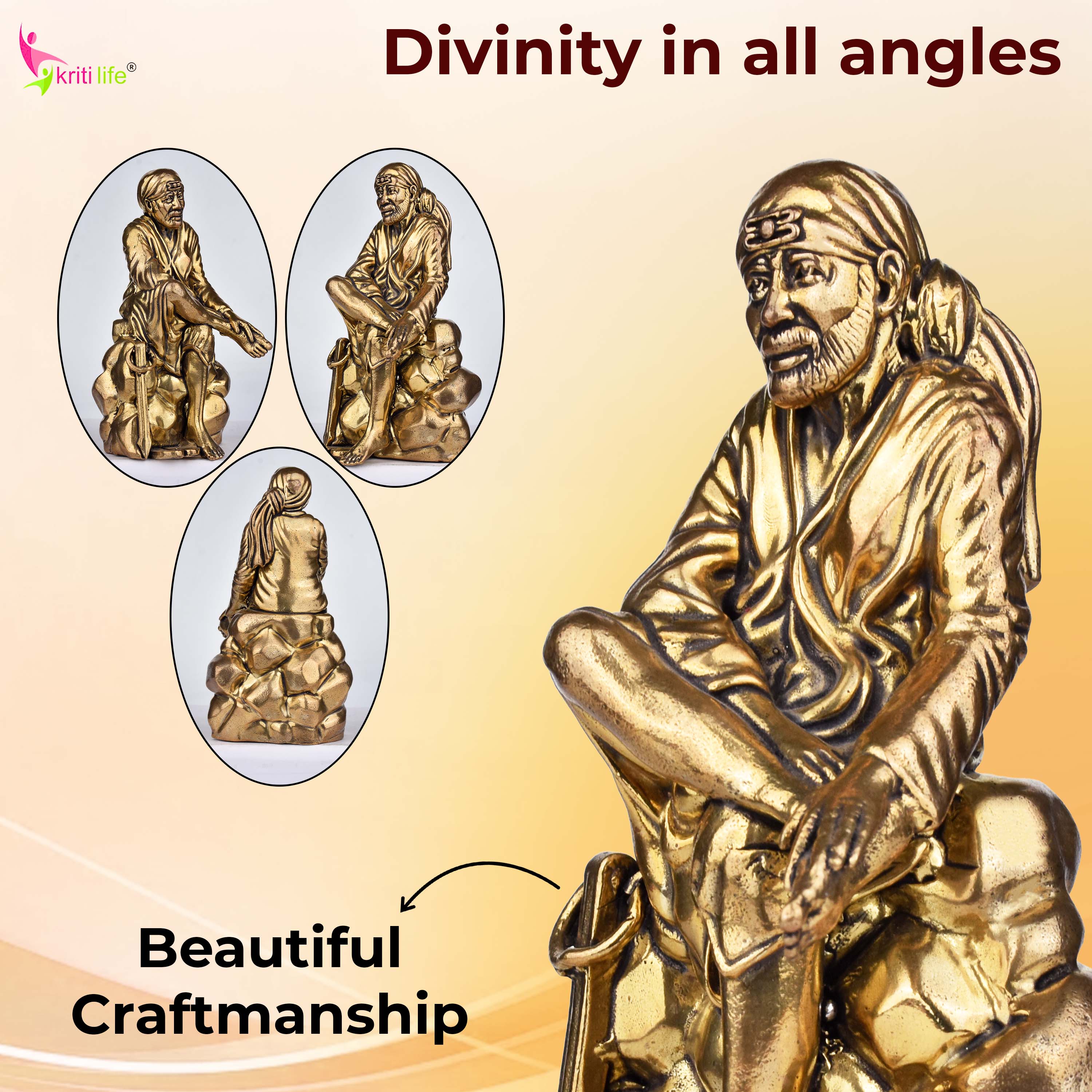 Brass Sai Baba Idol – Spiritual Sitting Pose Statue 4 inches for Home Temple & Décor- 4 inches