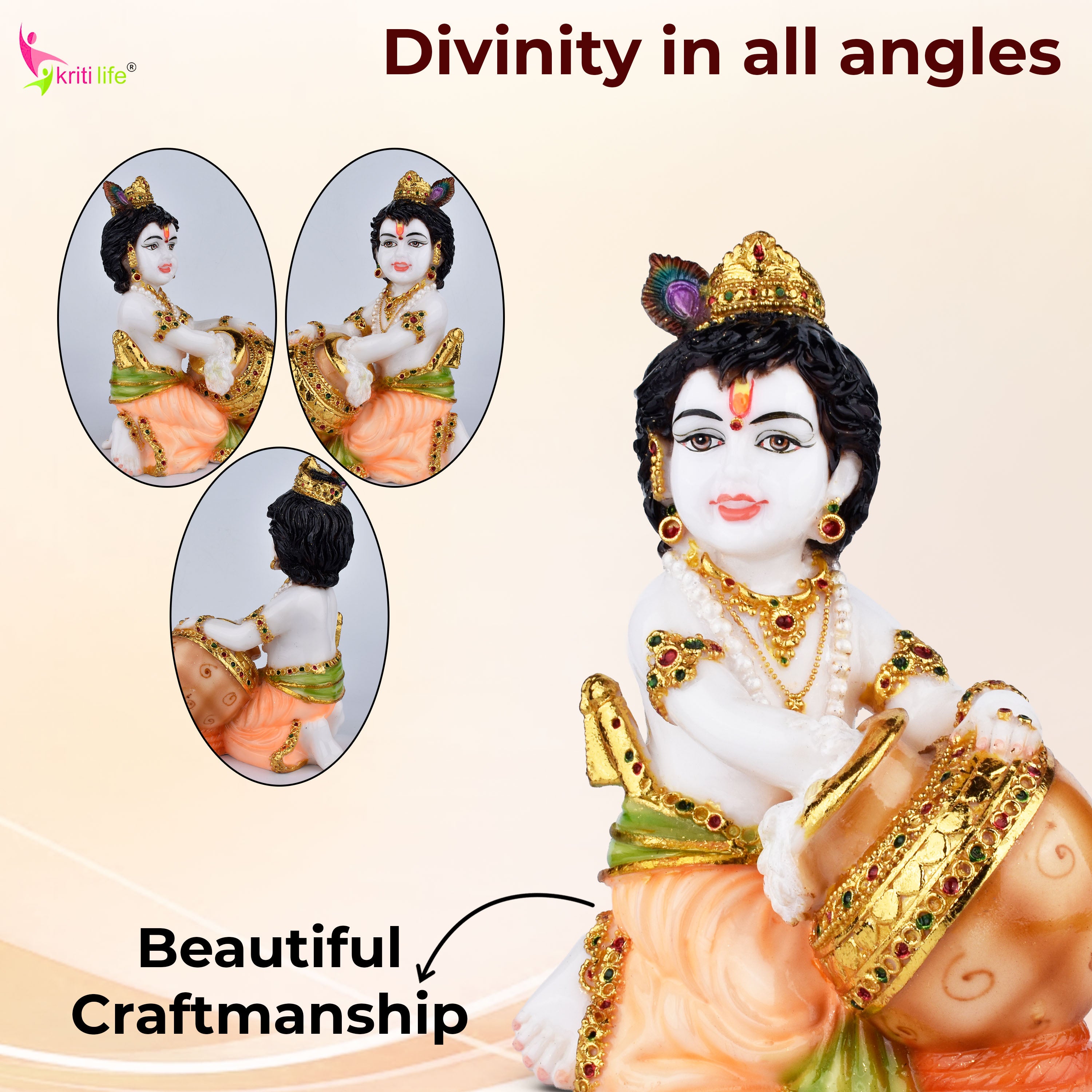 Makhan Chor Bal Krishna Idol – Decorative Polystone Statue | 9 inches | for Home Temple & Gifting ( 5685633 )