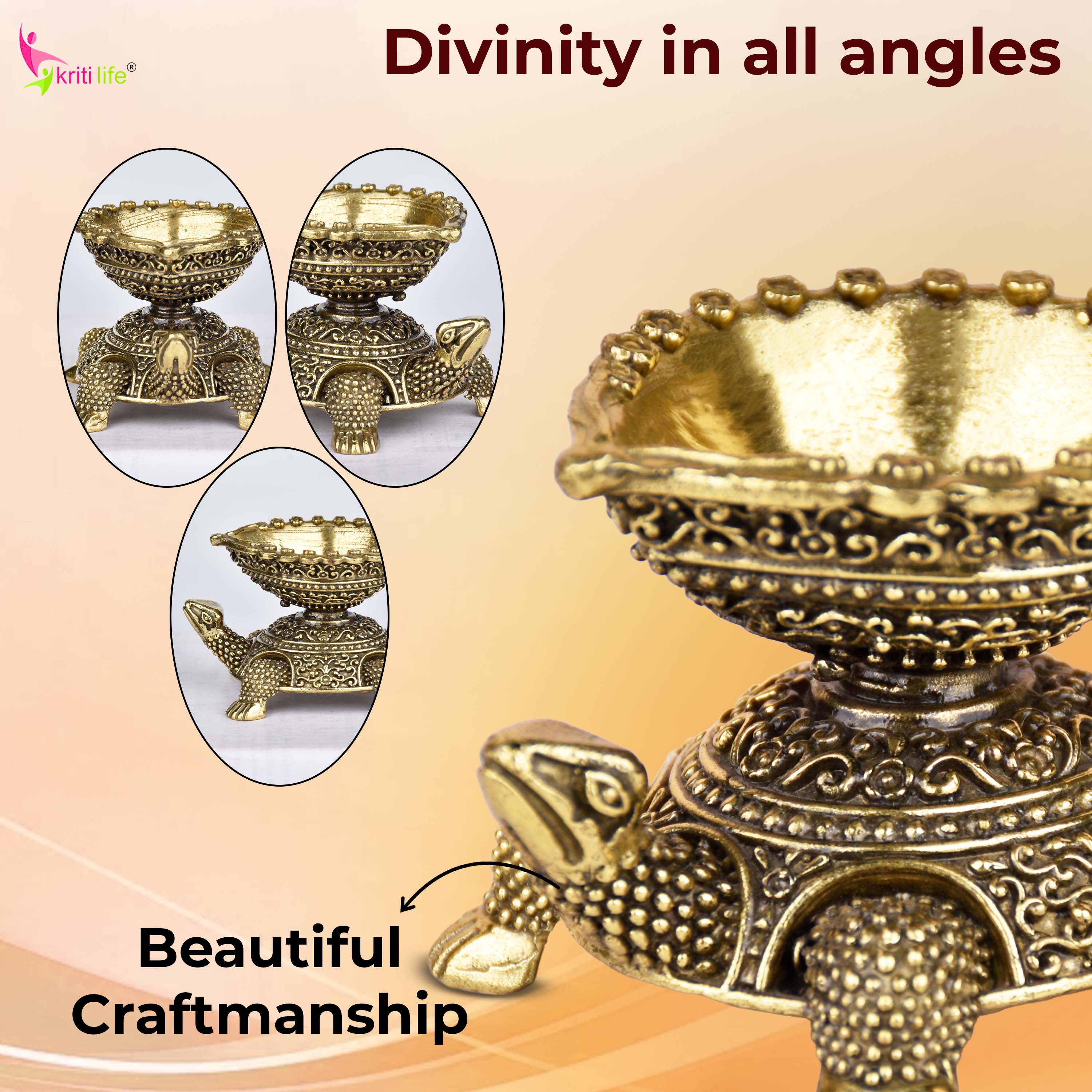 Brass Turtle Design Diya – Antique Finish Oil Lamp 3 inches for Pooja, Vastu & Décor