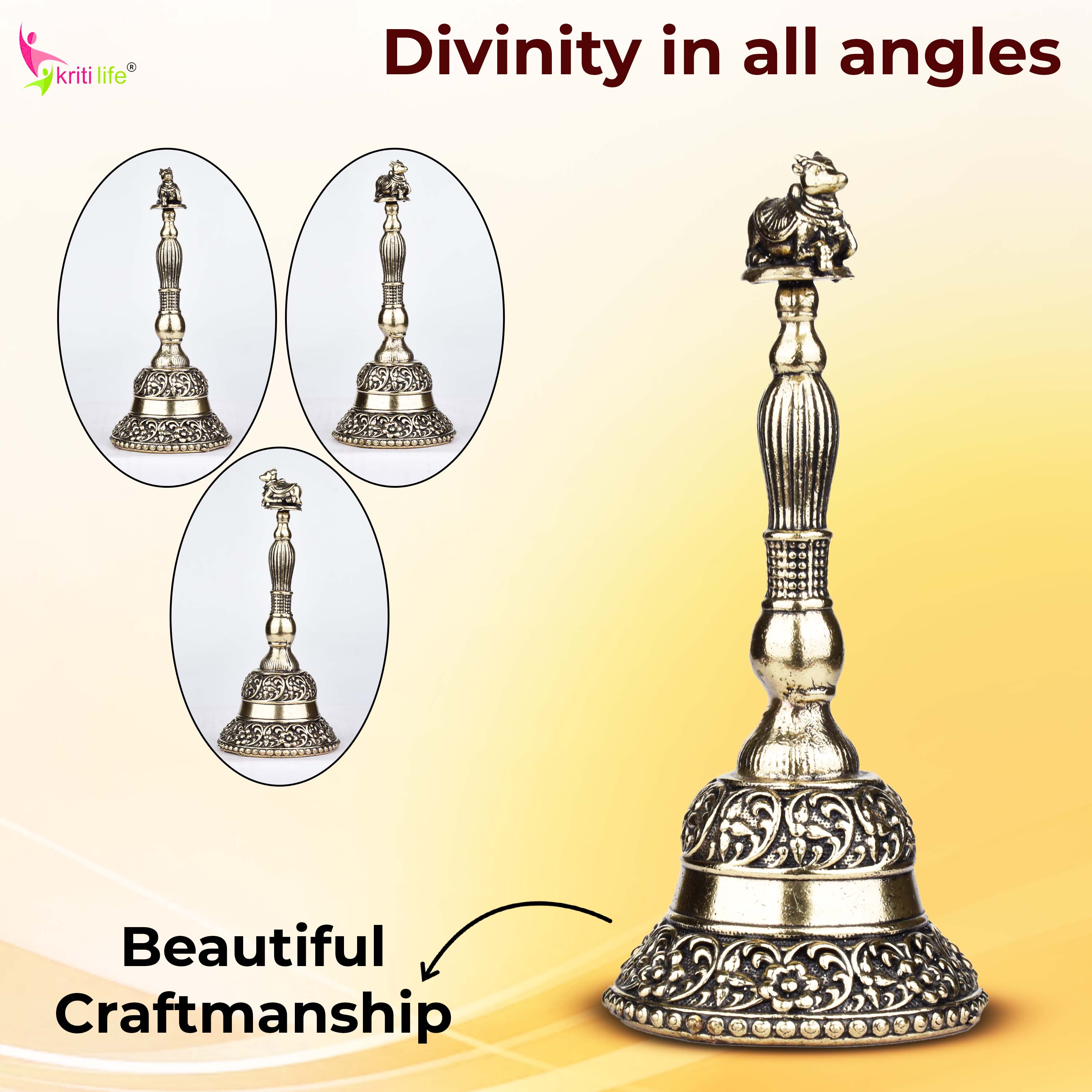 Handcrafted Brass Pooja Bell with Nandi Handle | 4 inches | Temple Ghanti for Daily Aarti