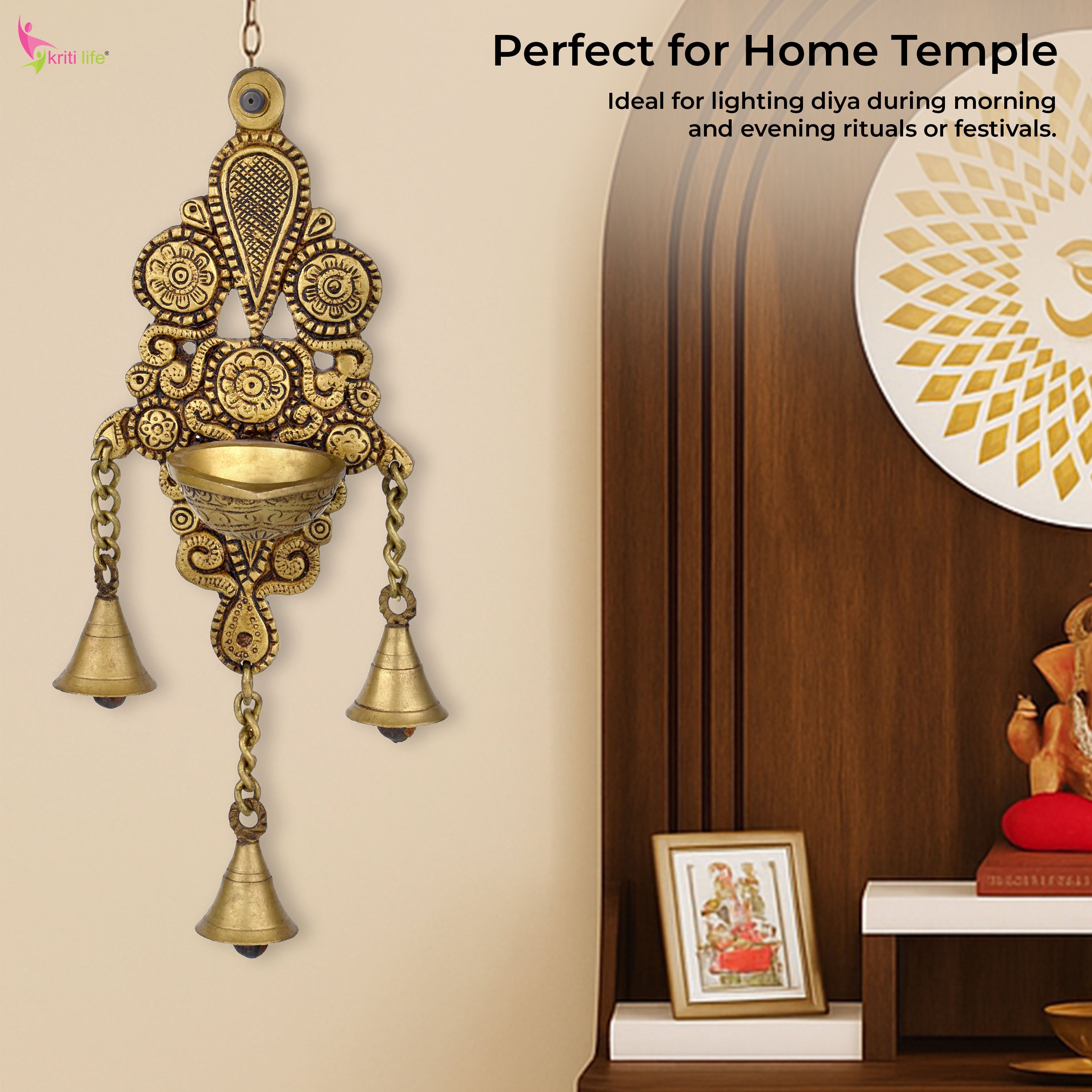 Brass Wall Mount Diya with 3 Hanging Bells – Traditional Design | 26.5 cm Hight