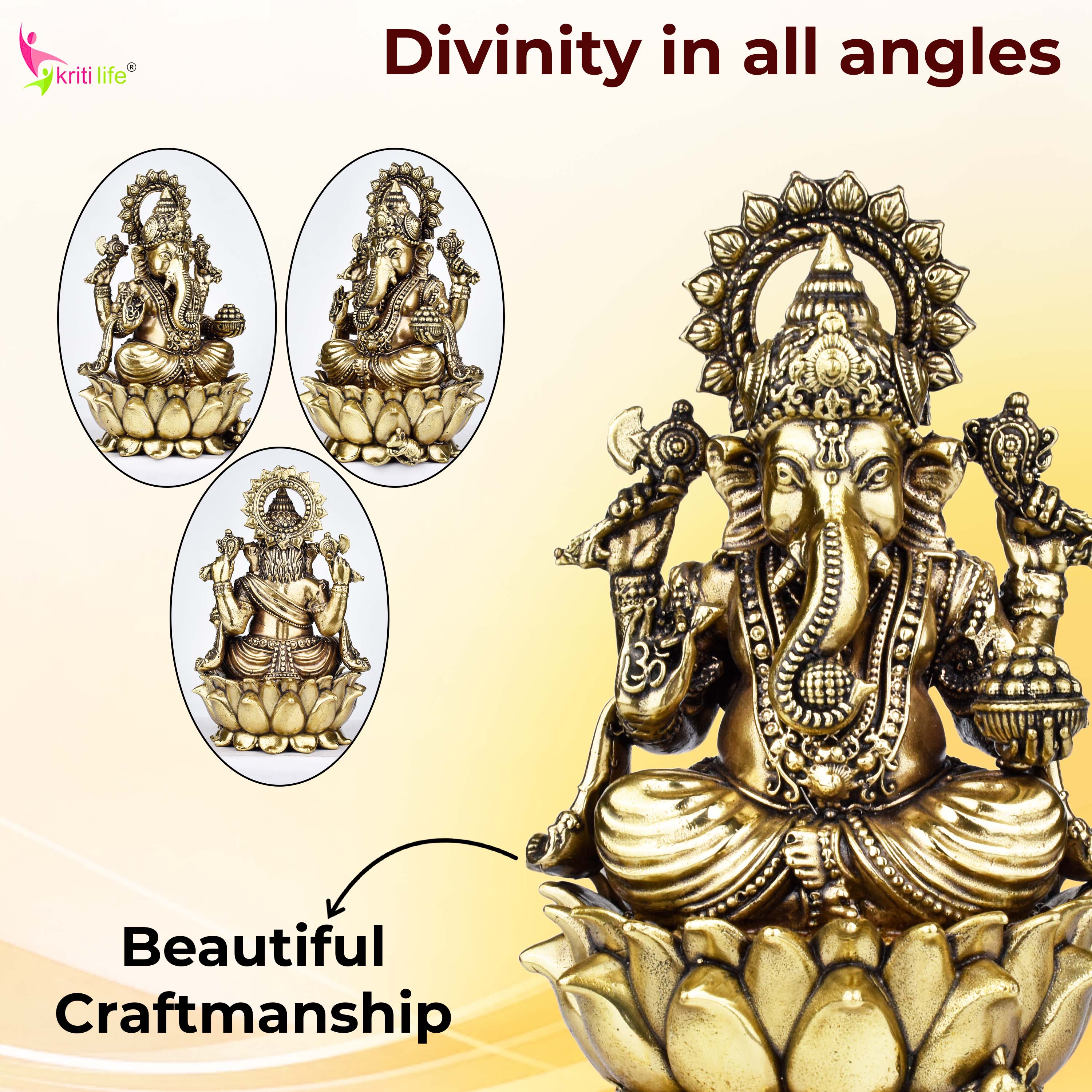 Brass Lord Ganesha Idol | Handcrafted  Brass Ganpati Murti Sitting on Lotus 5 inches for Home Temple, Office Decor & Gift