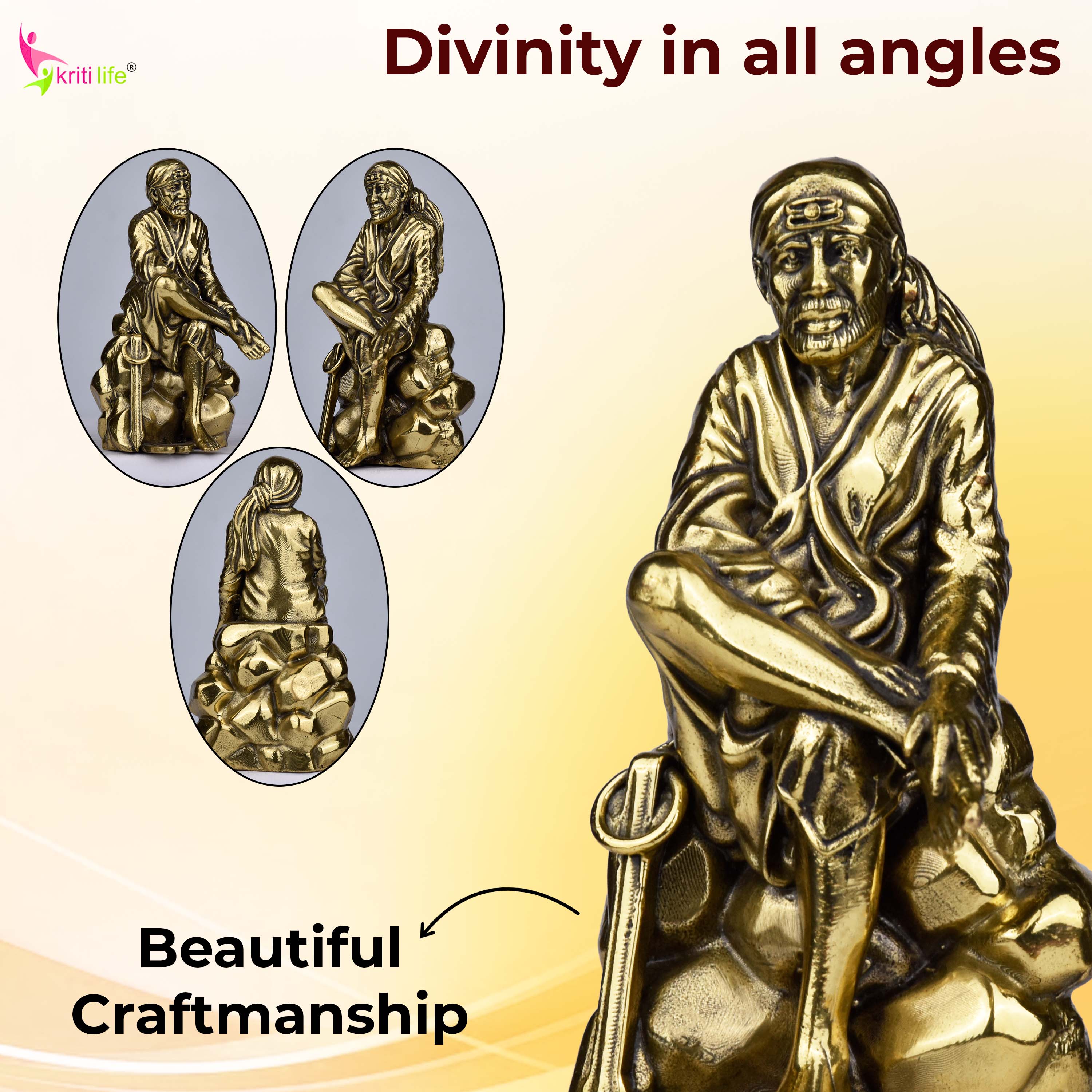 Brass Sai Baba Idol – Sitting Pose Statue for Home Mandir & Spiritual Décor |Small size| 3 inches