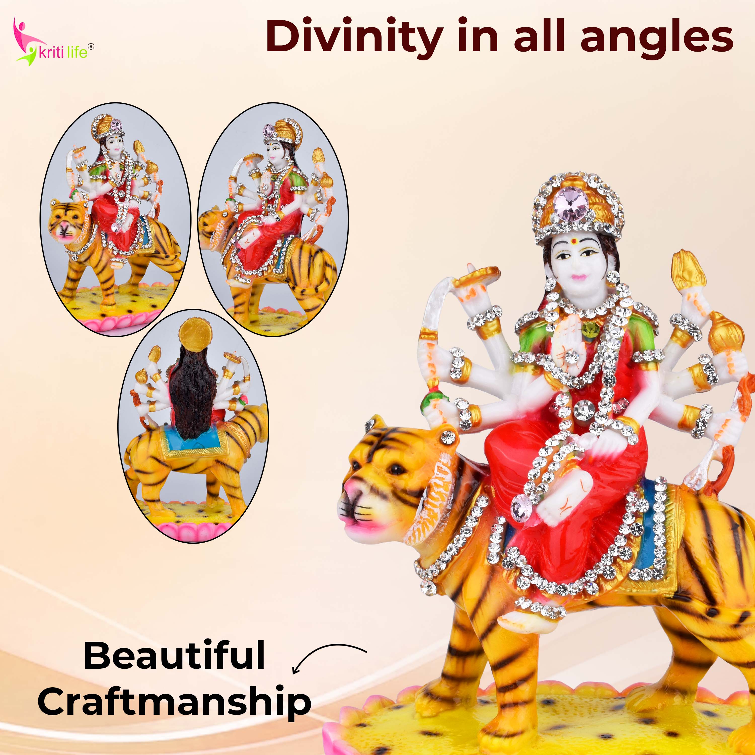 Goddess Durga Idol on Tiger – Polyresin Statue with Decorative Stones for Home Temple & Navratri | 7 inches