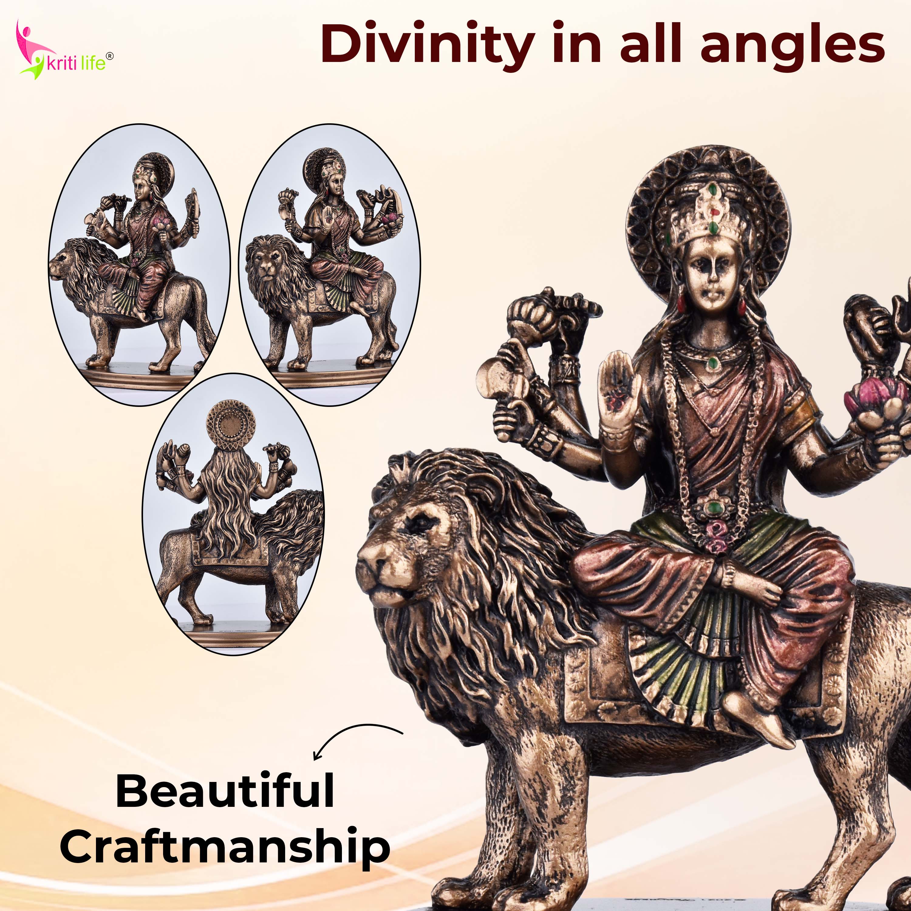 Maa Durga Statue Riding Lion – Handcrafted Polyresin Statue | 3.5 inches | Idol for Pooja Room & Gifting