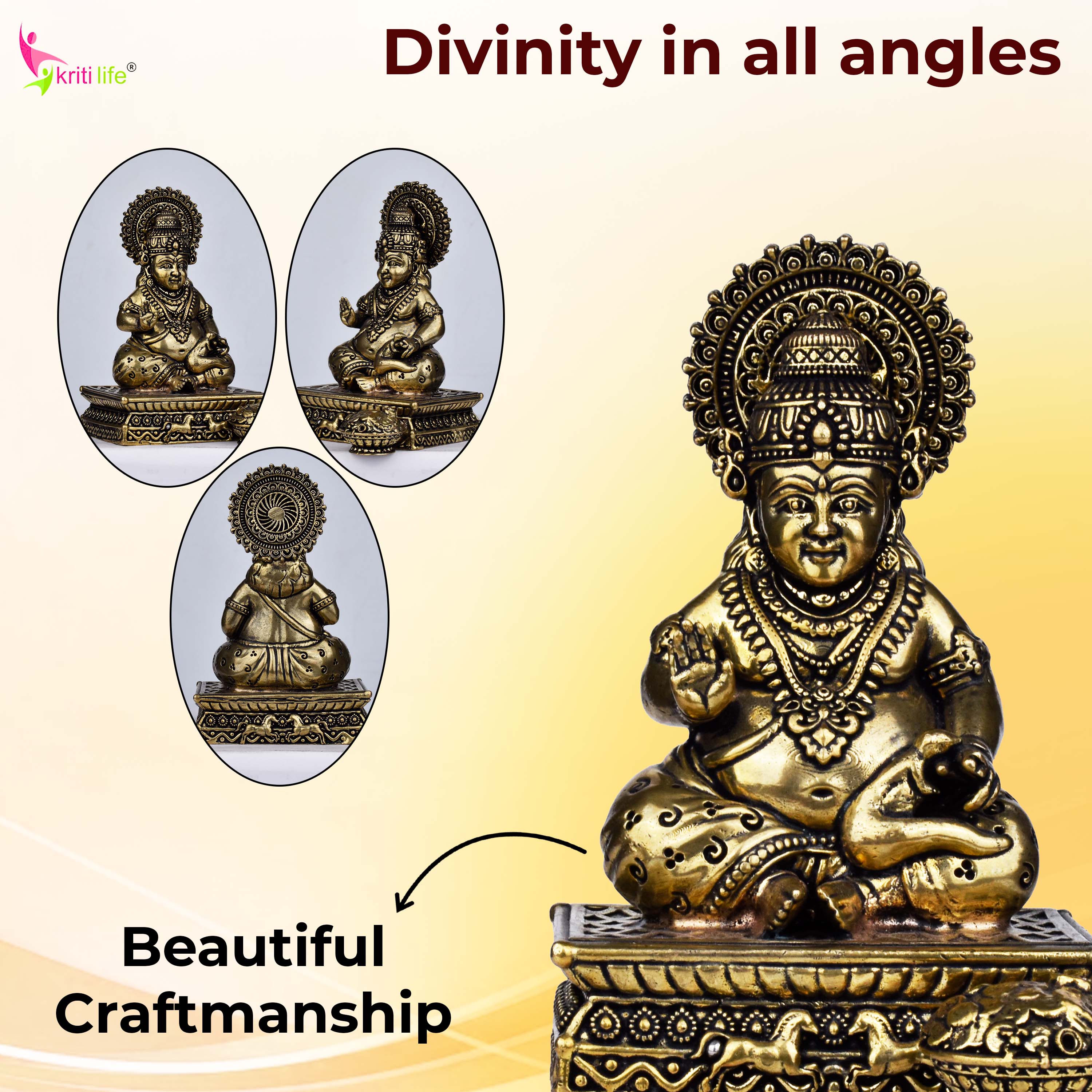 Handcrafted Brass Lord Kuber Idol | 4 inches Hindu God of Wealth Statue for Home Temple & Decor