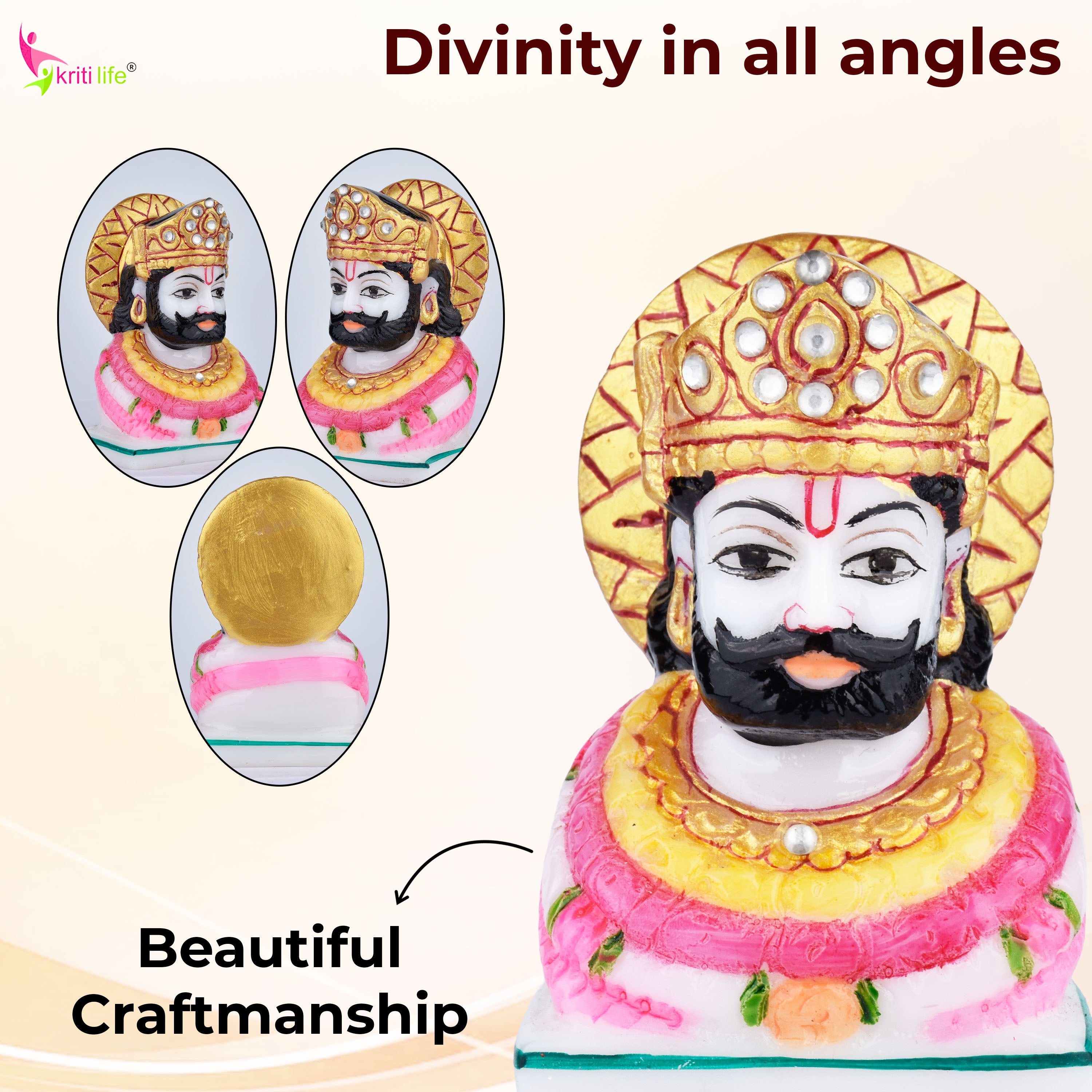 Handcrafted Khatushyam Ji Idol – Marble Dust Statue 3 inches for Home Temple & Décor