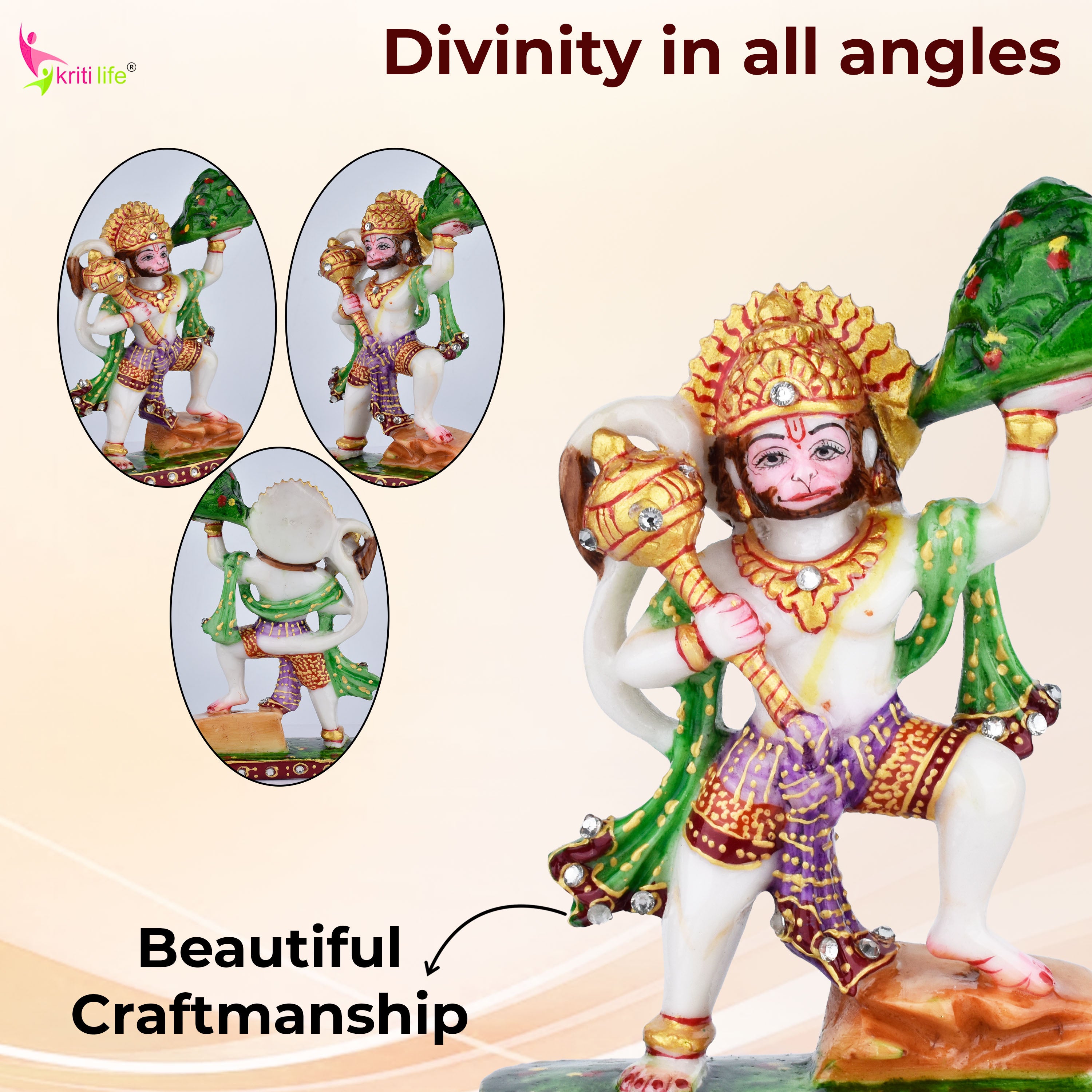 Lord Hanuman Idol – Marble Dust Statue 6 inches with Sanjeevani Mountain and Mace