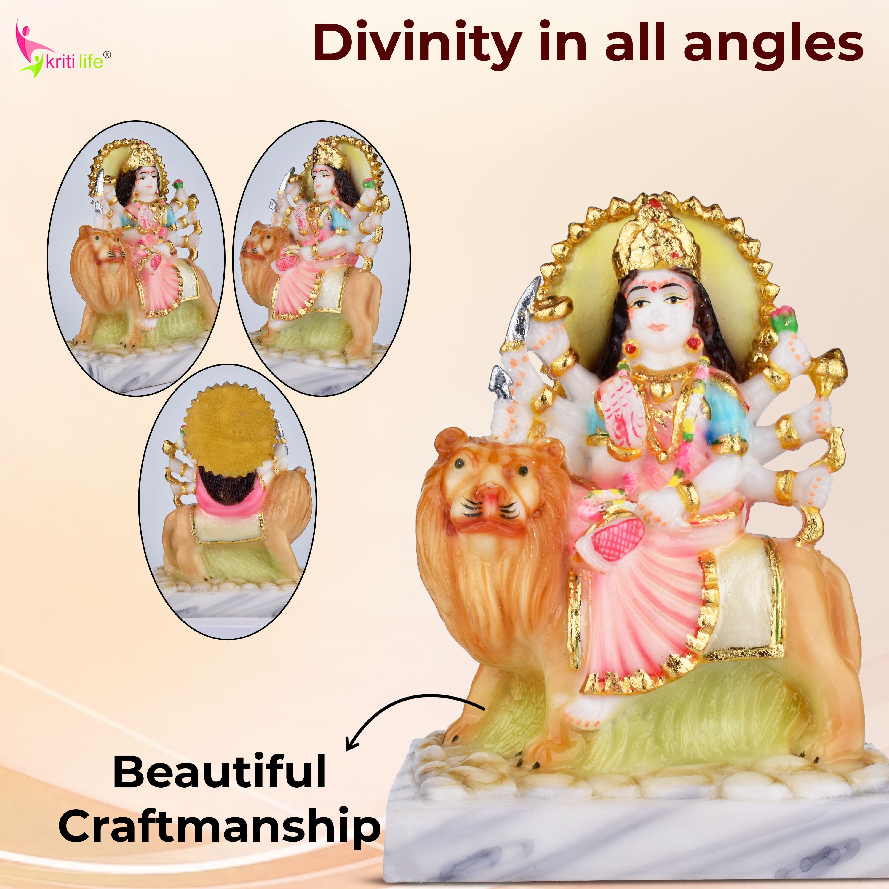 Divine Durga Maa Idol on Lion | 6.5 inches | – Handcrafted Polyresin Murti for Pooja, Home Temple & Gifting
