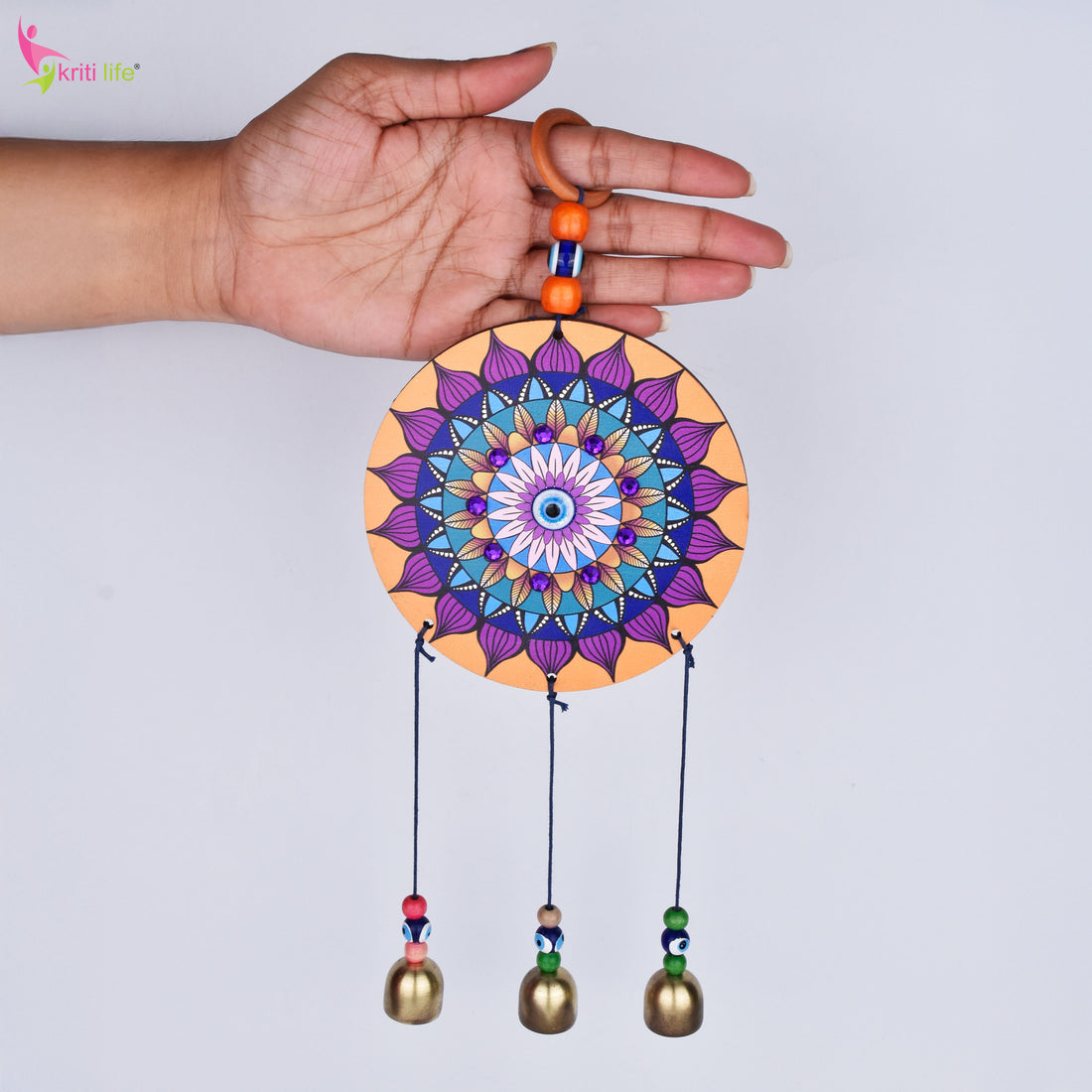 Evil Eye Hanging with Mandala Design | Wall Hanging with Bells for Positive Energy & Home Decor- 30 cm Hight