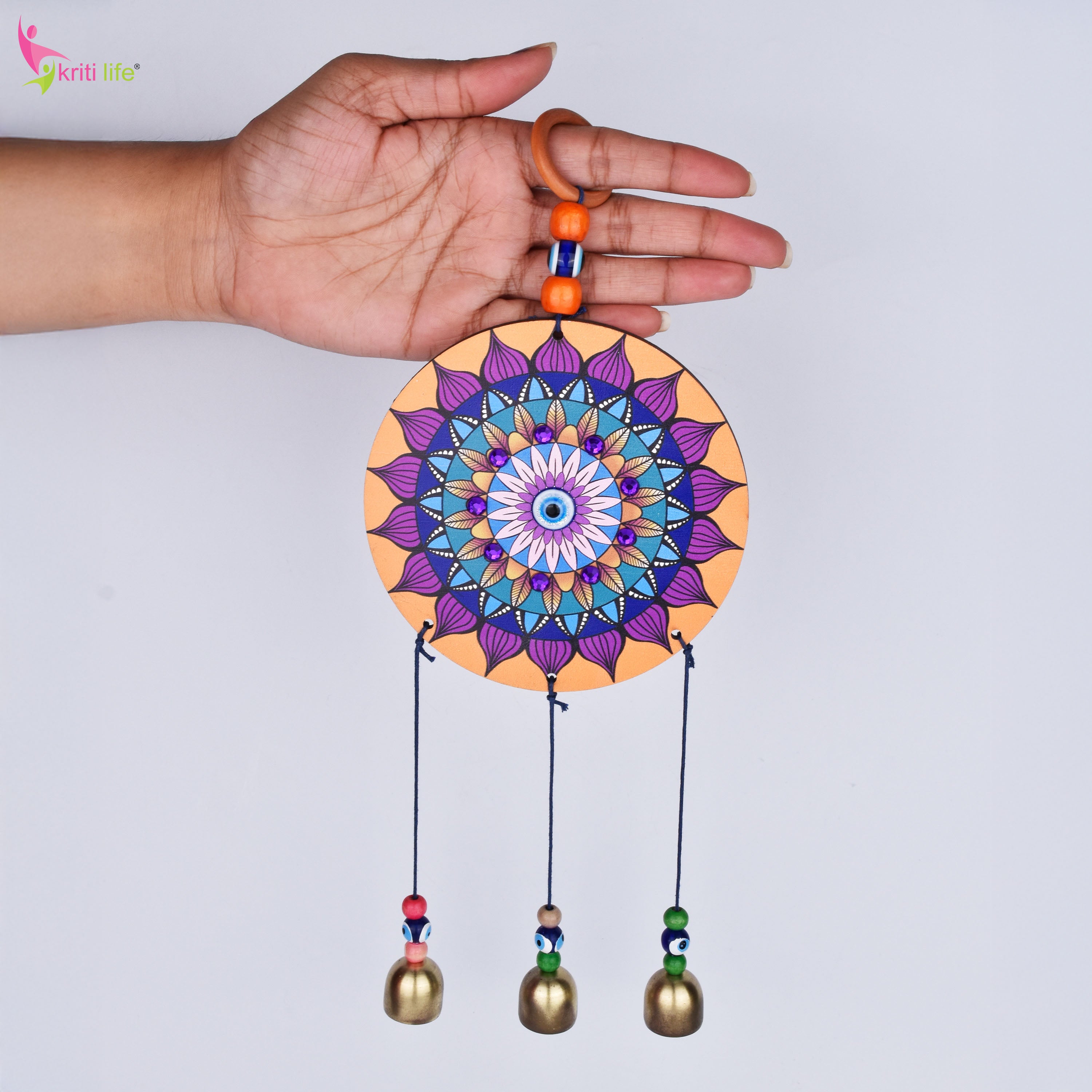 Evil Eye Hanging with Mandala Design | Wall Hanging with Bells for Positive Energy & Home Decor- 30 cm Hight