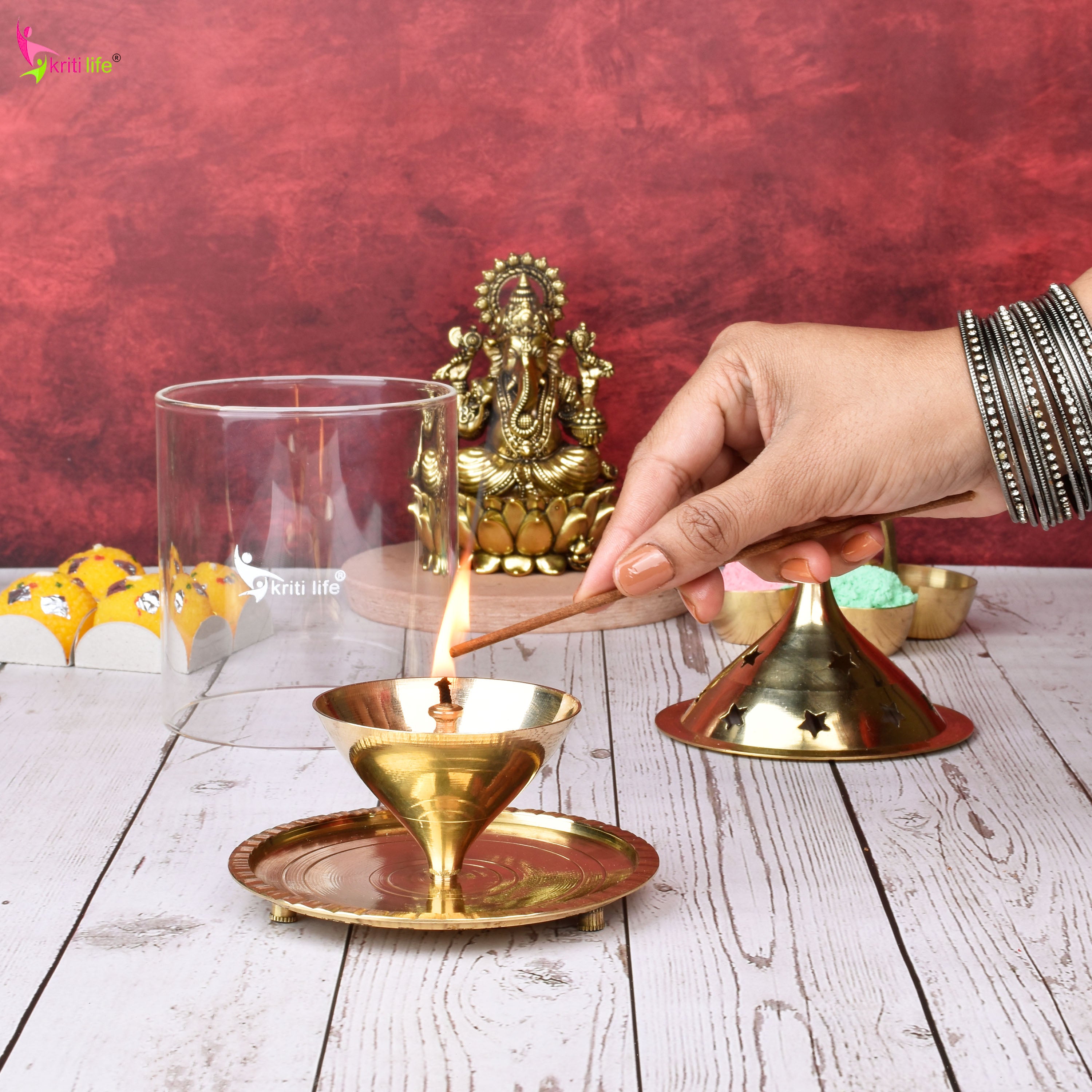 Kriti Life Akhand Jyot Diya –Big size – Brass Diya with Glass Cover for Safe and Continuous Flame | 8 inches