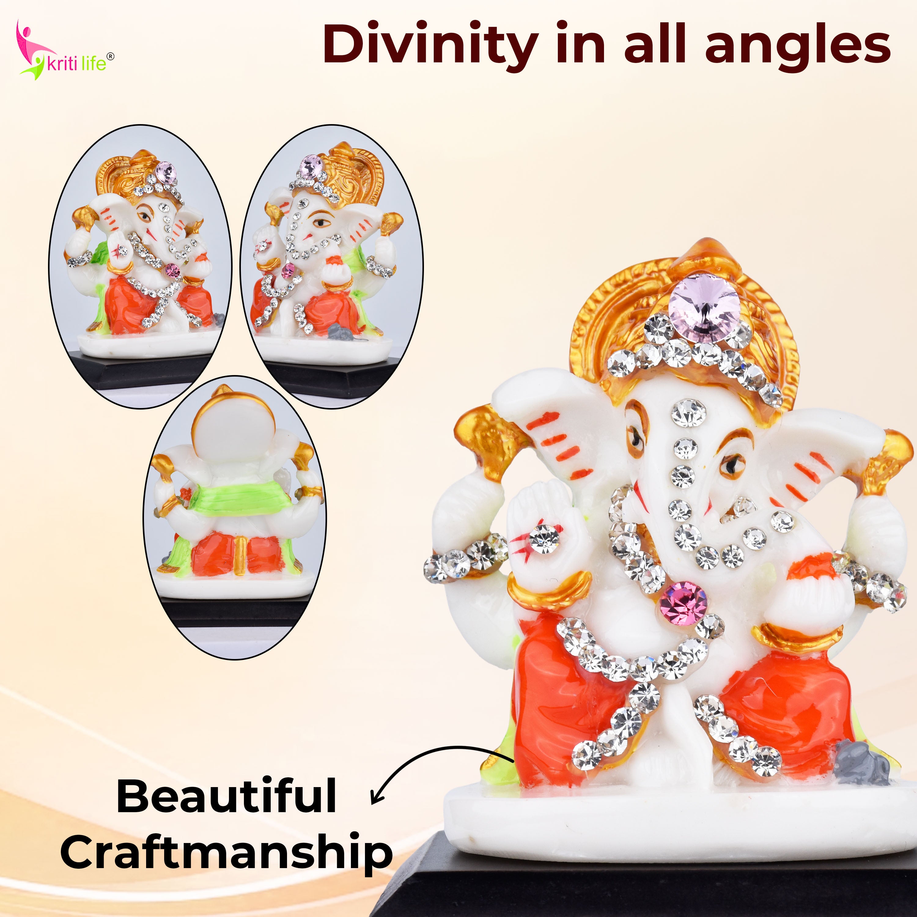 Lord Ganesha Idol with Crown & Orange Attire – Polyresin 2.5 inches Decorative Statue with Diamond Work