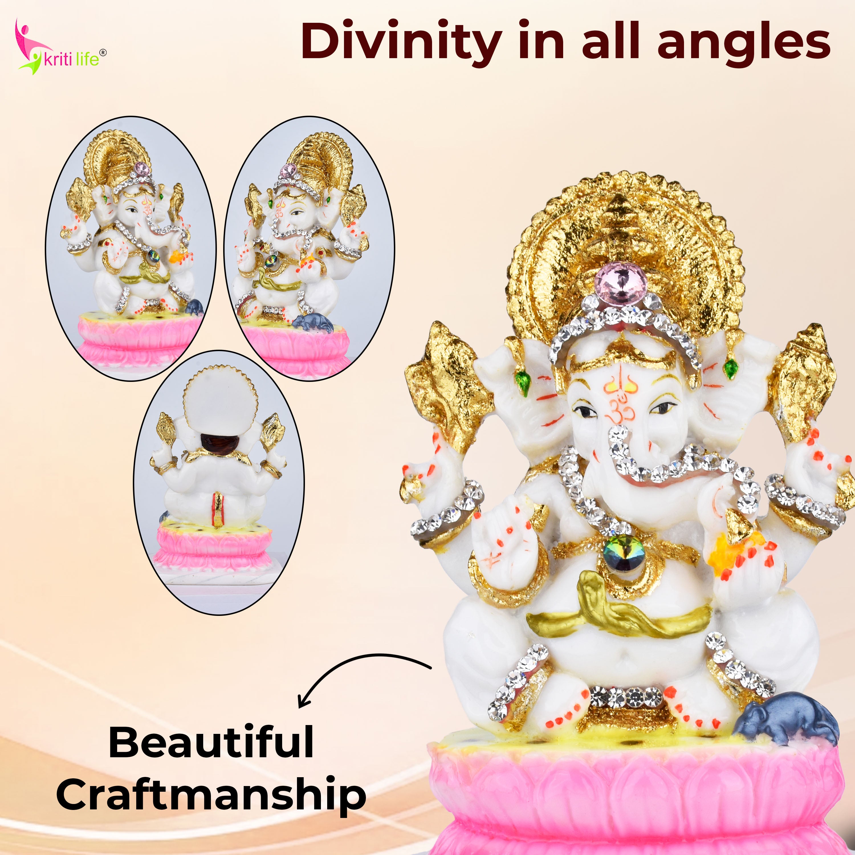 Lord Ganesha Idol – Decorative Polyresin Statue with Stones & Pink Lotus Base - 5.5 inches