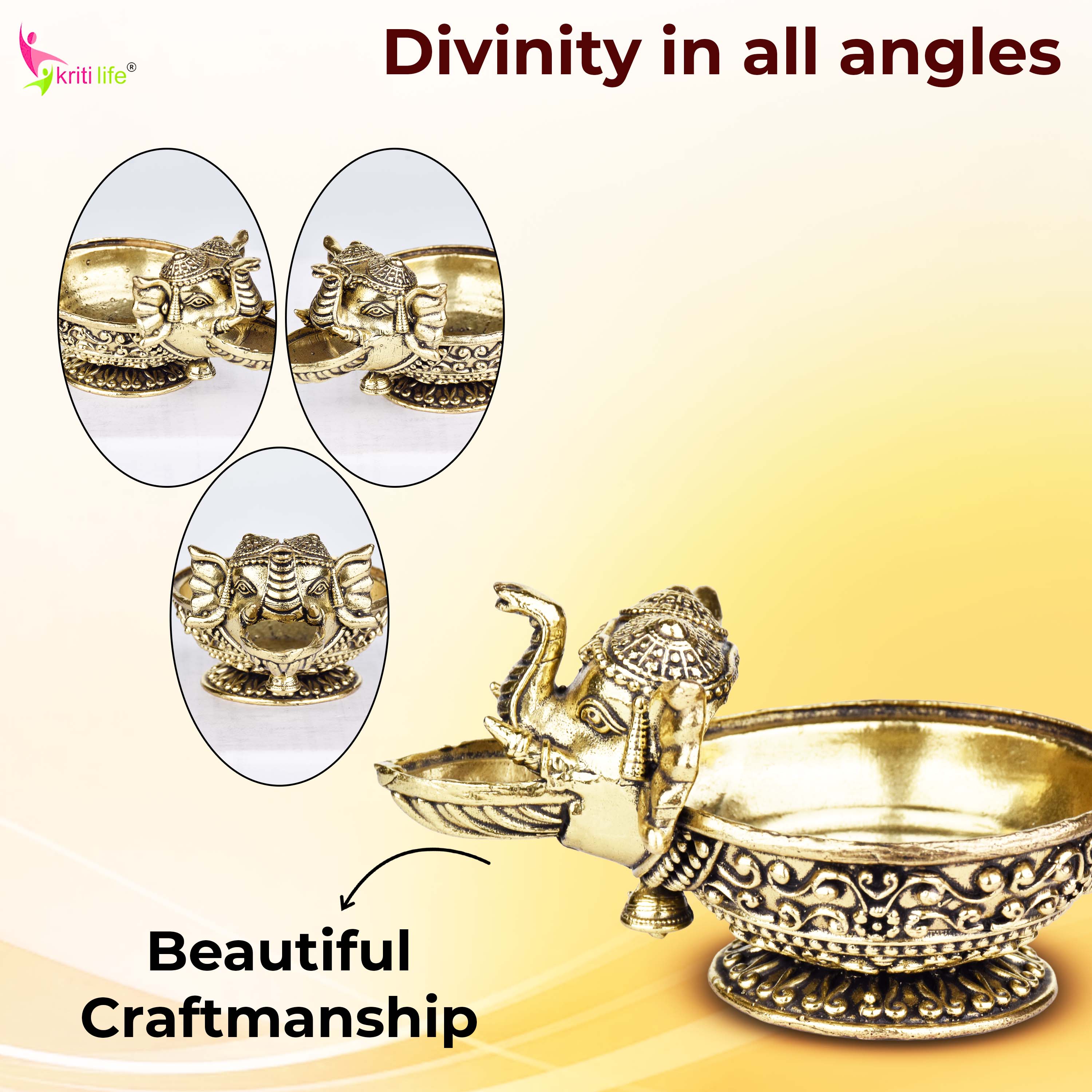 Brass Elephant Face Diya – Traditional Oil Lamp 3 inches for Pooja & Festive Décor