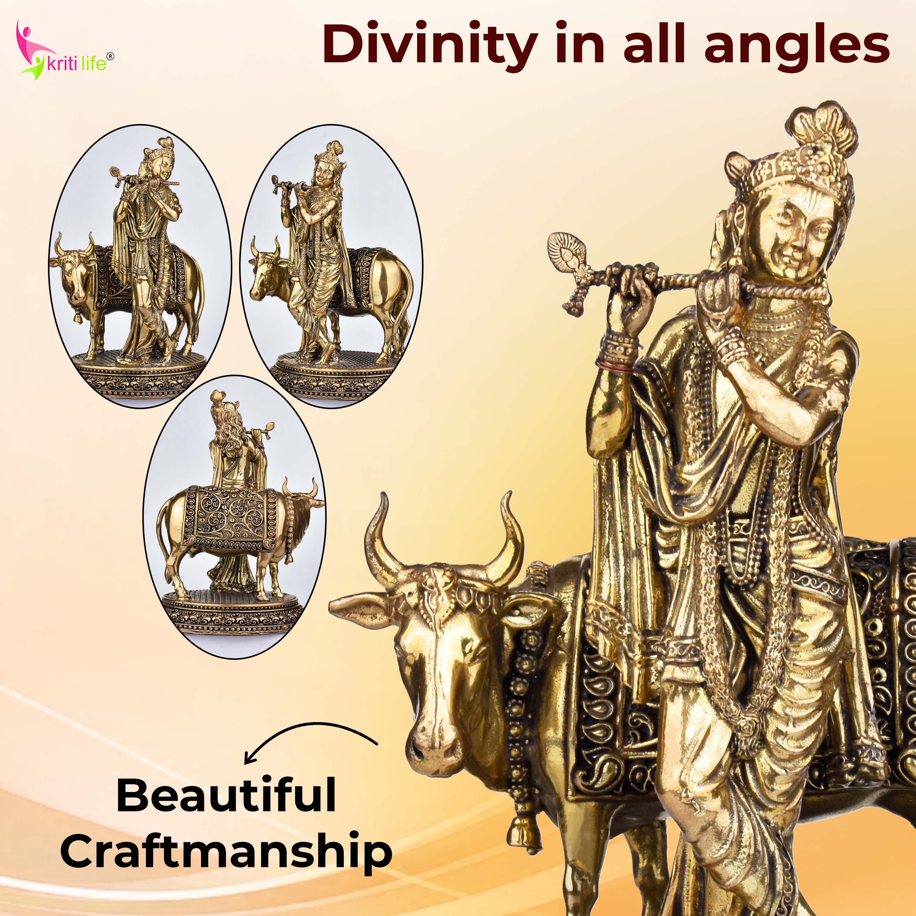 Brass Krishna with Cow Idol – Divine Spiritual Figurine 6.5 inches for Home & Office Décor