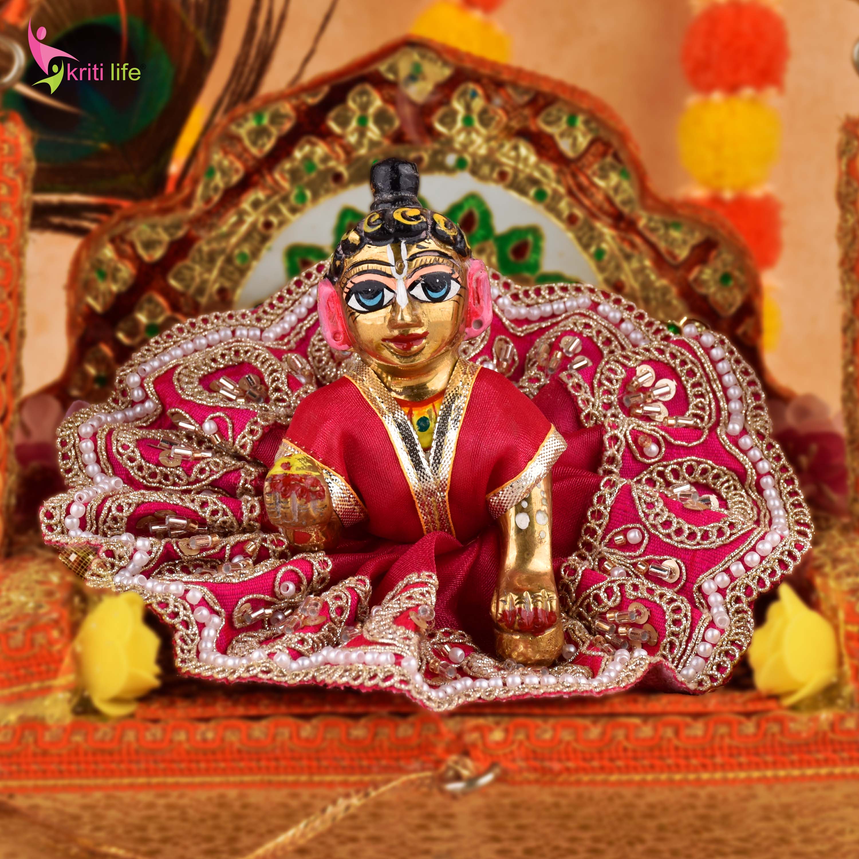 Traditional Red Laddu Gopal Dress for 4 Inch Idol – Golden Beads & Sequin Work Poshak