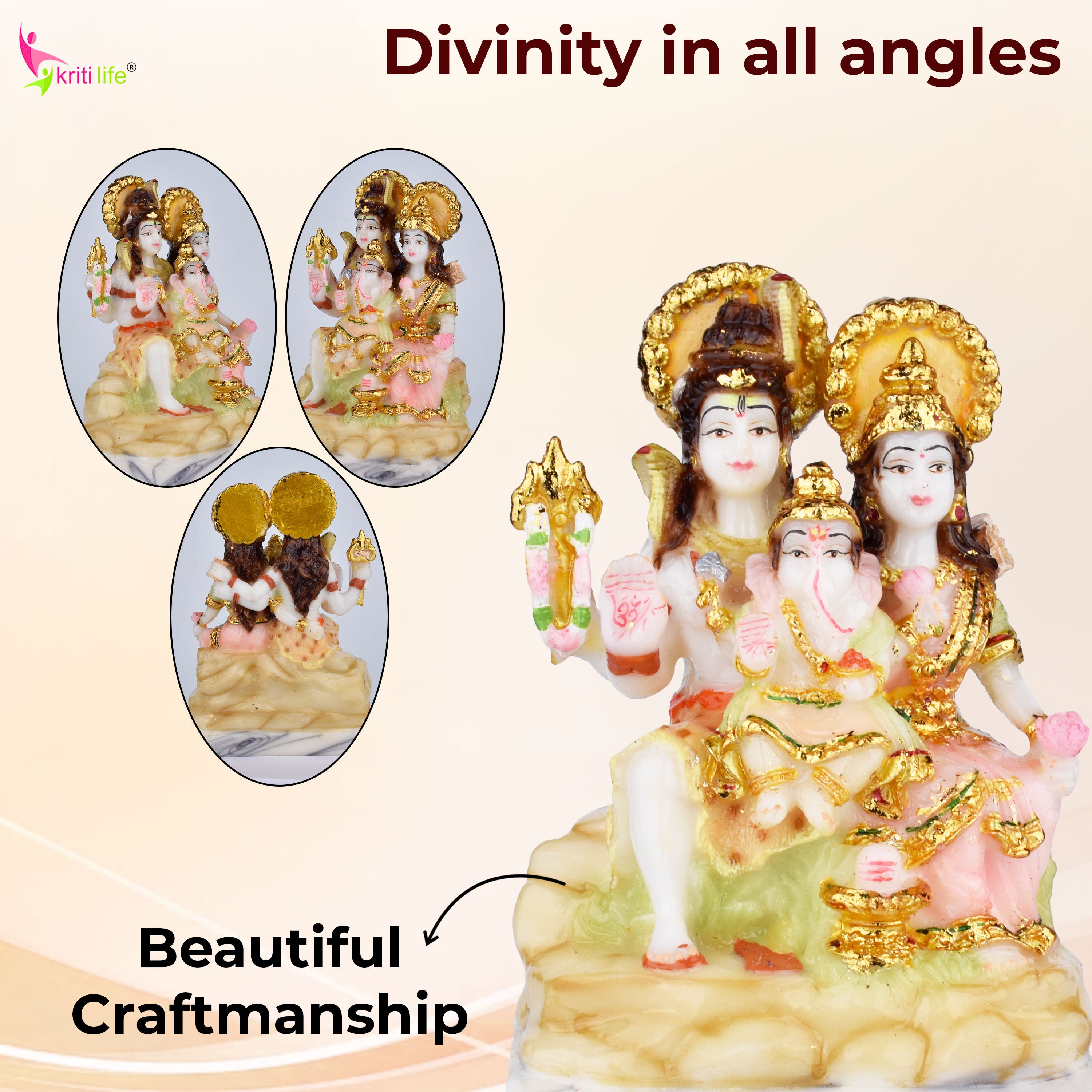Shiva Parivar Idol | Lord Shiva, Parvati & Ganesha Statue in Poliresin – 5 inches - Multicolor Finish