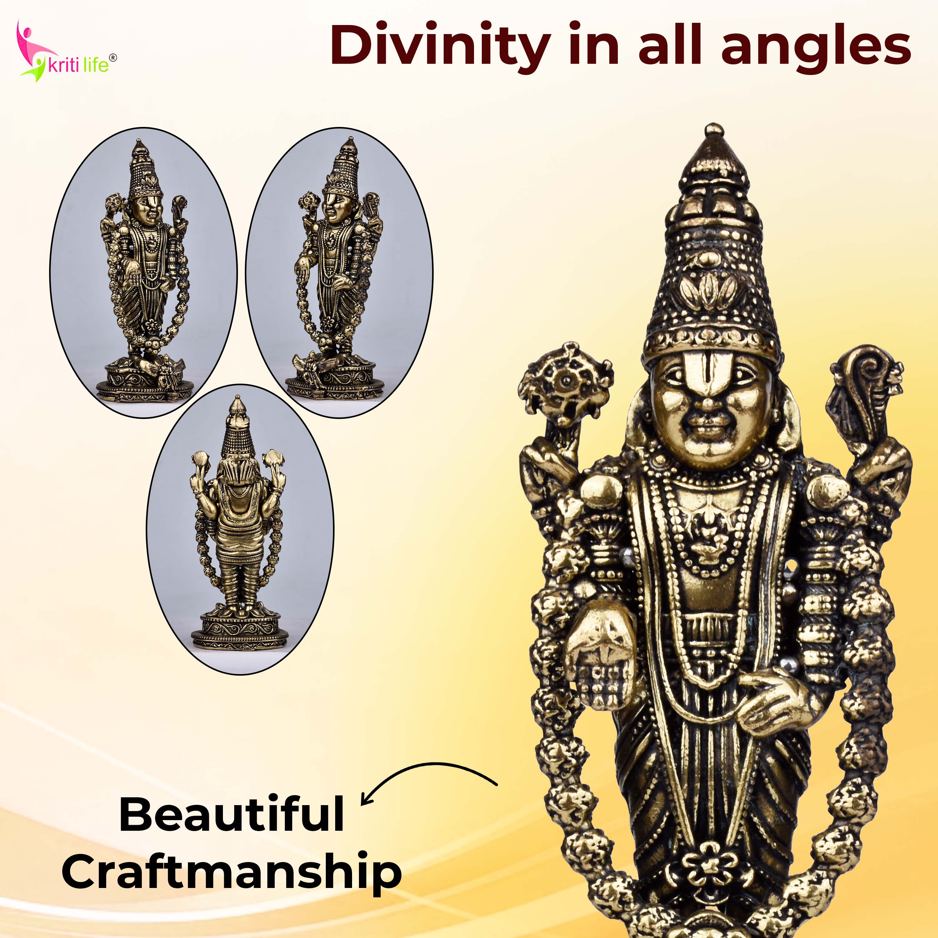 Brass Lord Venkateswara Idol – Handcrafted Balaji Statue 4 inches for Home Temple & Wealth Blessings