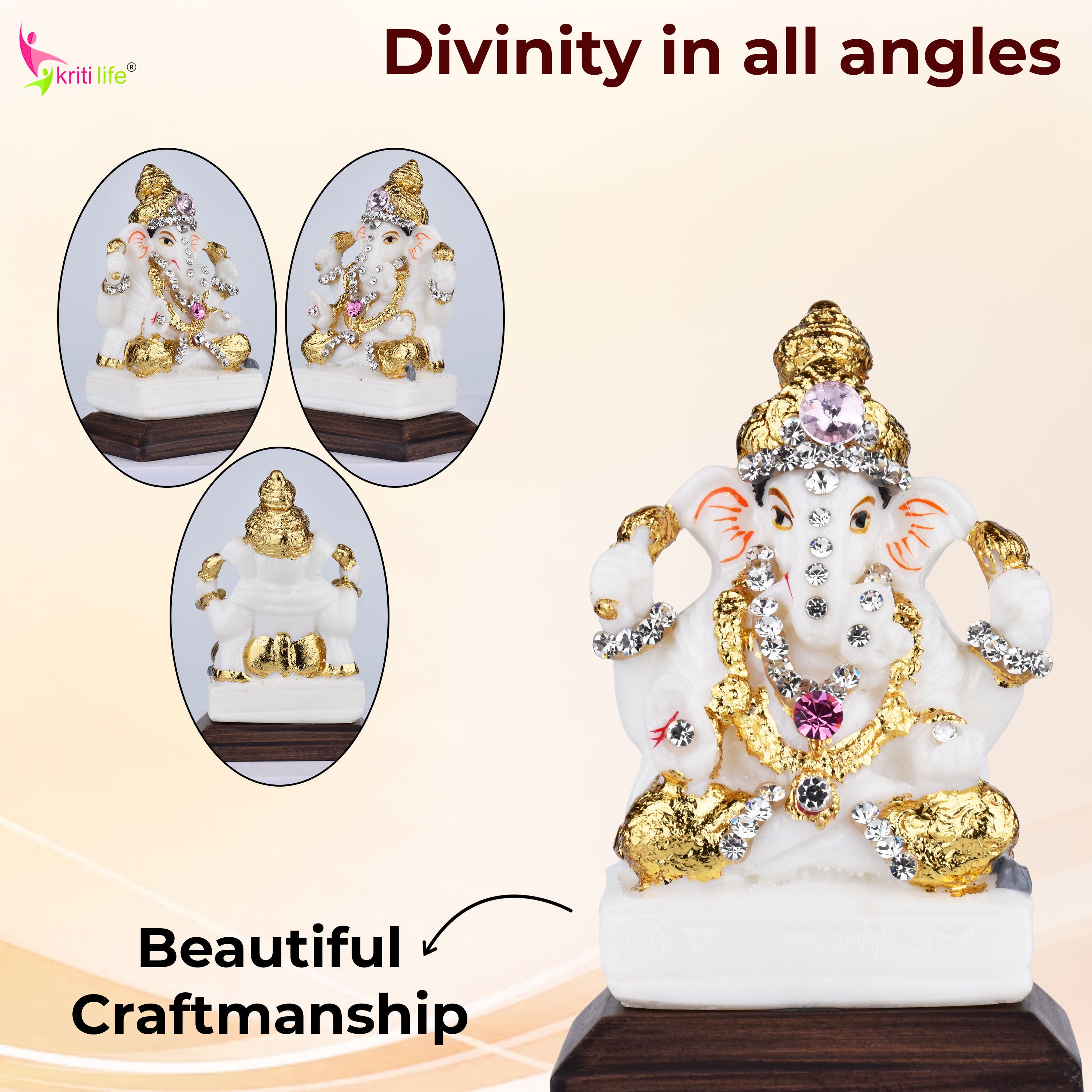 Lord Ganesha Idol with Decorative Stones – 3.5 inches - White & Gold Polyresin Statue for Home & Office